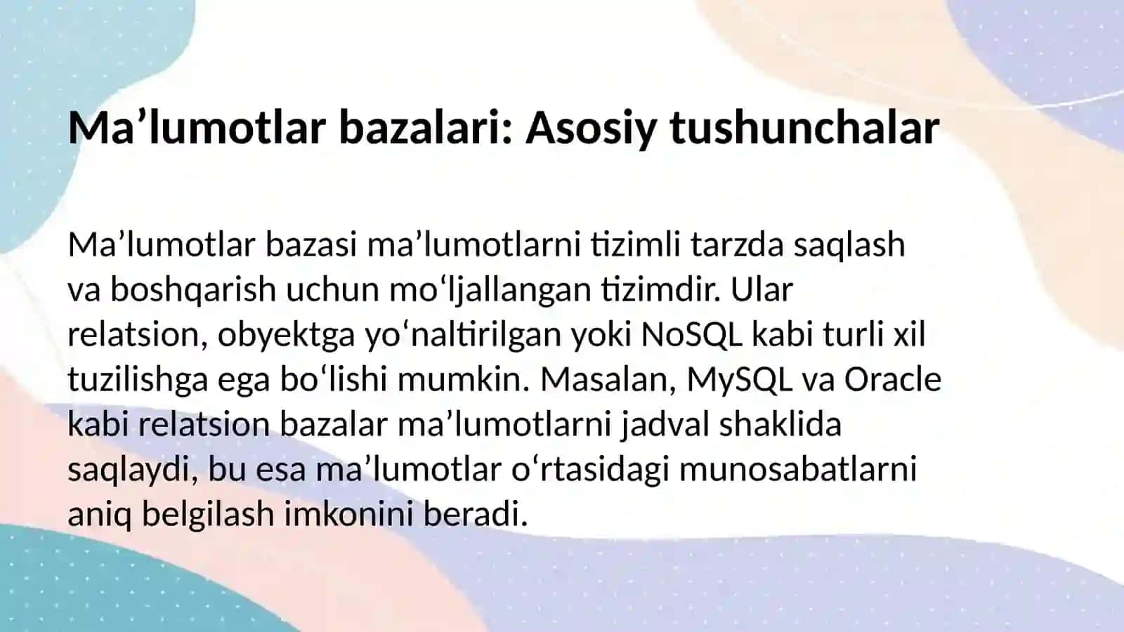 Maʼlumotlar bazalari va katta hajmdagi maʼlumotlar bilan ishlash 4