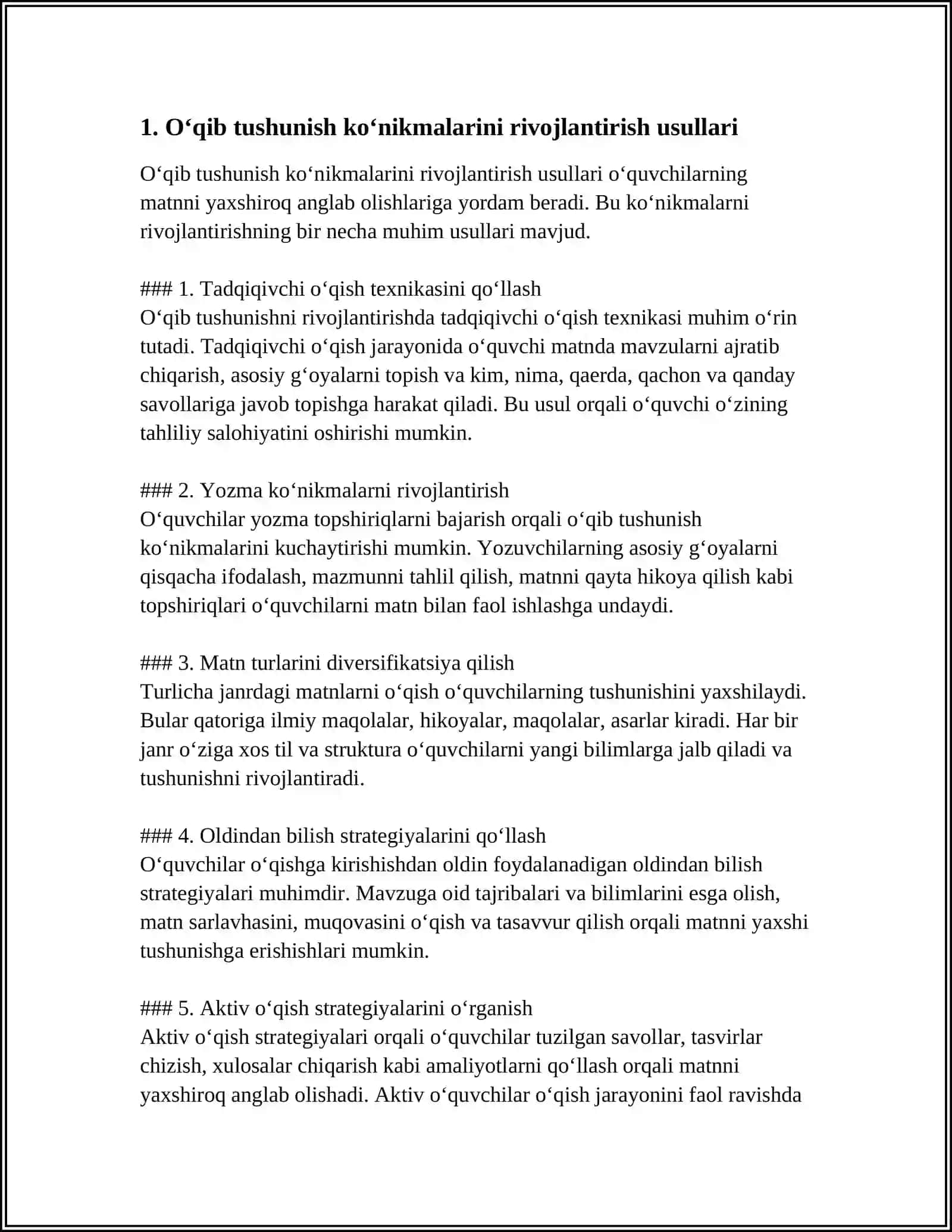 ONA TILI O‘QITISH METODIKASI FANI DARS MASHG‘ULOTLARIDA O‘QUVCHILARNING O‘QIB, ESHITIB TUSHINISH, OG‘ZAKI VA YOZMA NUTQ MALAKASINI SHAKLLANTIRISH 4