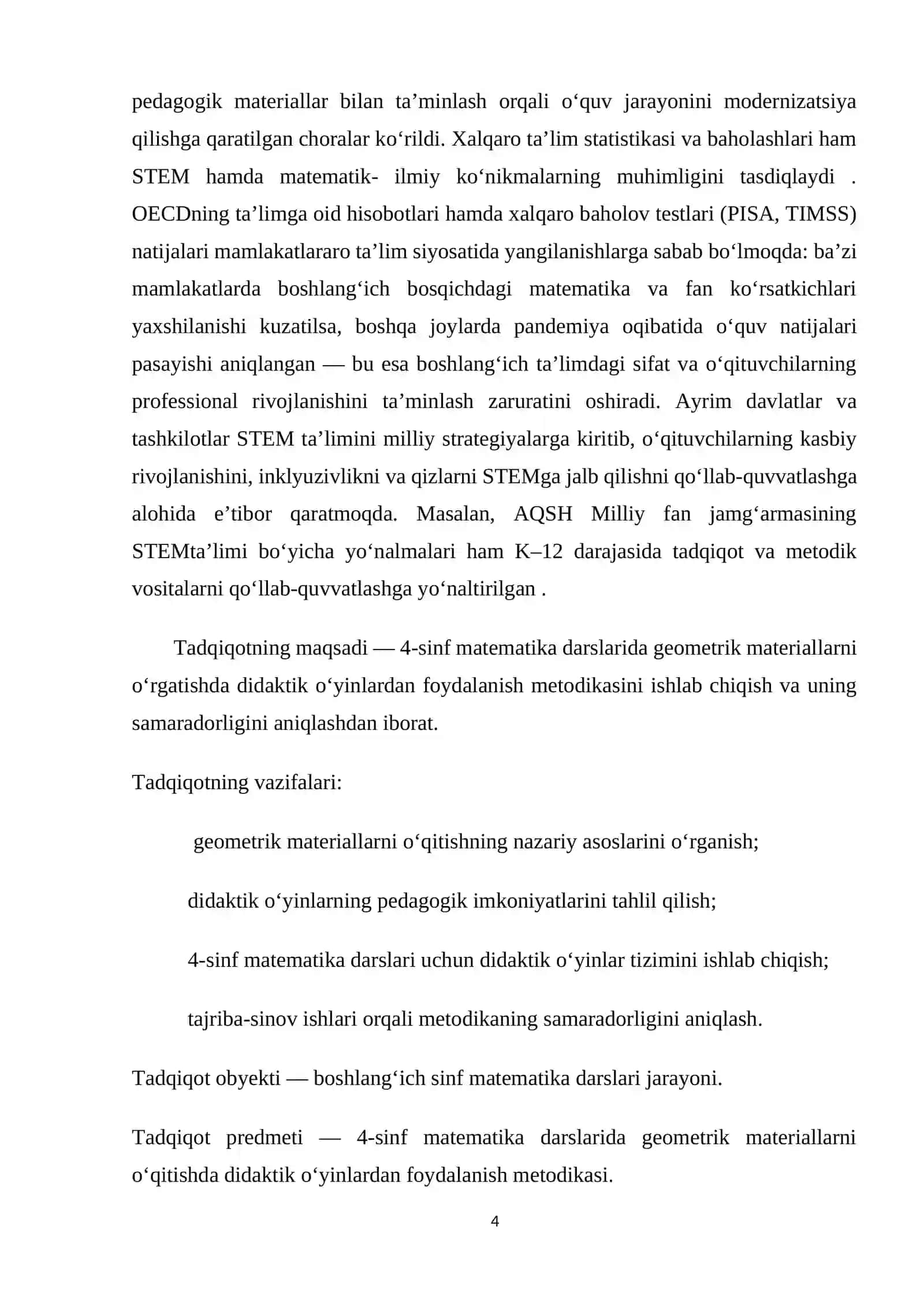 4-sinf matematika darslarida geometrik materiallarni o'rgatishda didaktik o'yinlardan yuklash metodikasi 4