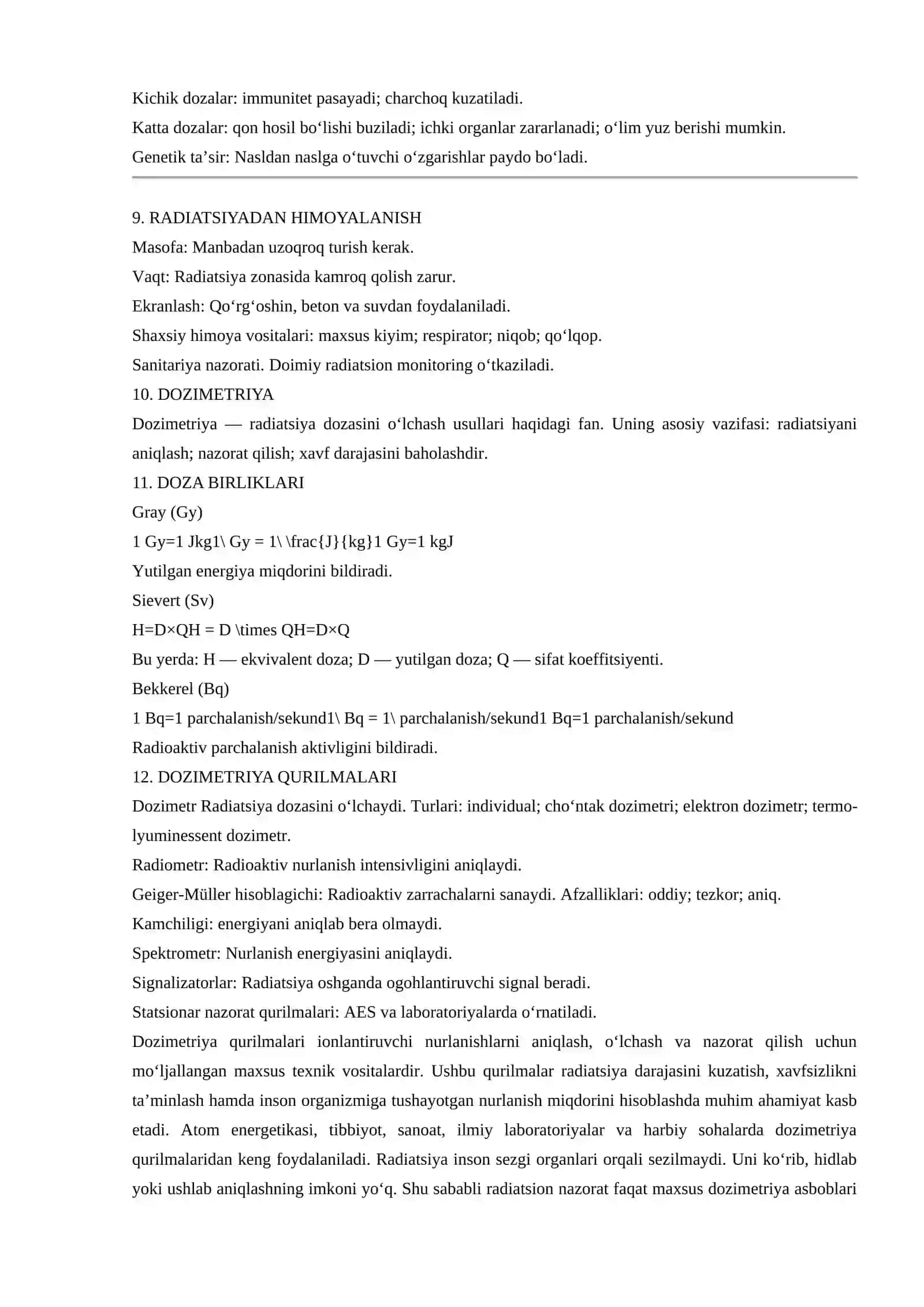 Radiobiologiya fanining predmeti, tadqiqot obyekti, maqsad va vazifalari, fan rivojlanish tarixi. Ionlantiruvchi nurlanish va uning xossalari. Dozimetriya qurilmalari 4