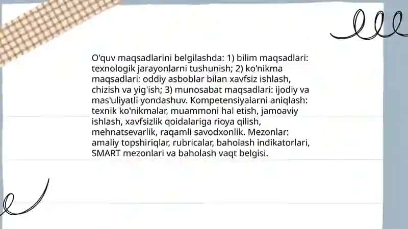 Boshlanĝich sinf texnologiya ta'limi darslarida (4-sinflar uchun) mashĝulot ishlanmasini tayorlash 4