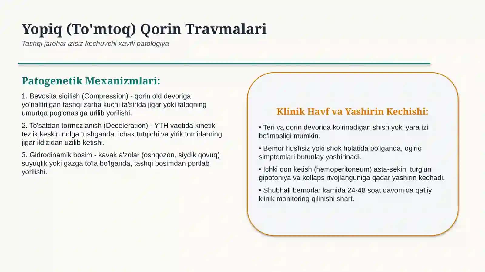 Qorin bo‘shlig‘i a’zolari travmalari — 15 slaydli professional tibbiy taqdimot | Travmatologiya va j 4