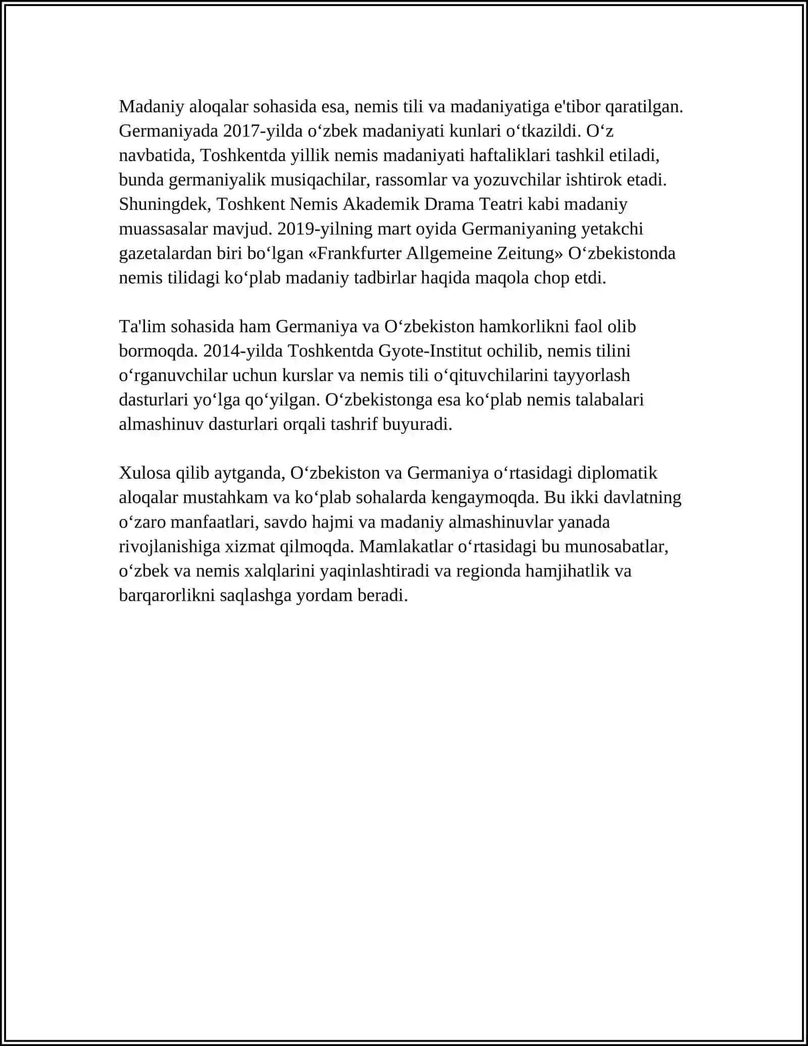 O'ZBEKISTON TASHQI SIYOSATINING HUQUQIY ASOSLARI FANIDAN "O'ZBEKISTON RESPUBLIKASINING GERMANIYA BILAN HAMKORLIGI VA ULARNING HUQUQIY ASOSLARI" MAVZUSIDA REFERAT/MUSTAQIL ISH 4