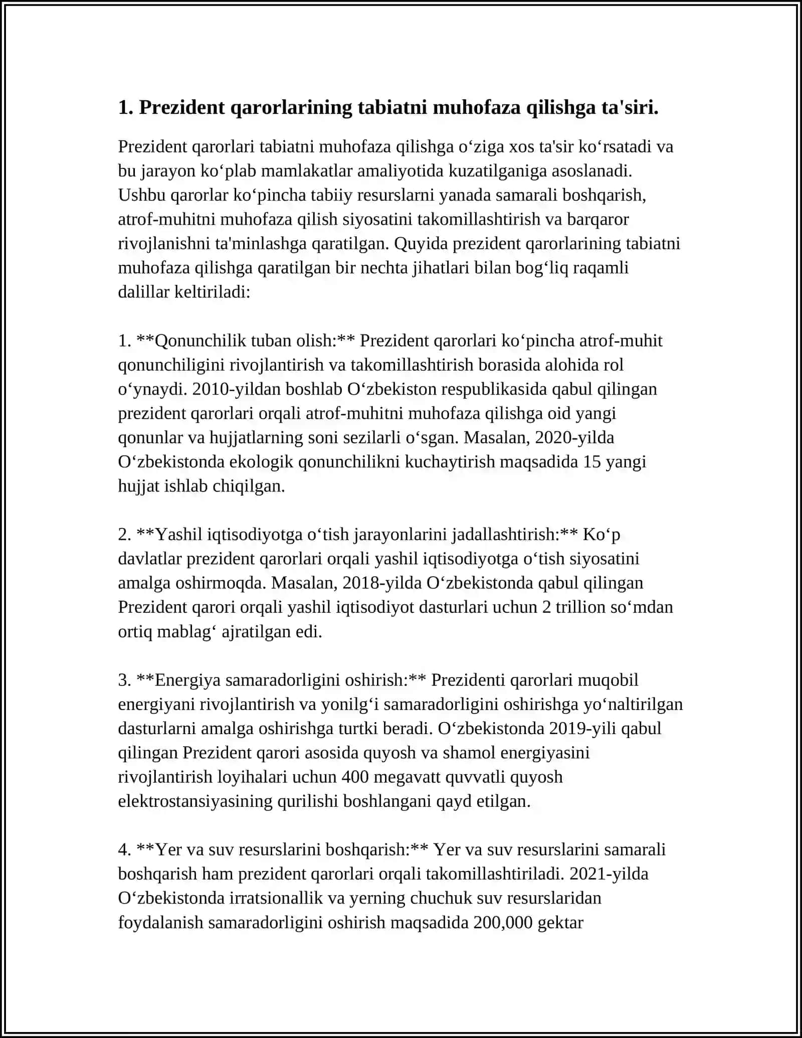 PREZIDENT QARORLARINI OʻRGANISH VA OLIY MAJLIS TOMONIDAN CHIQARILGAN TABIATNI MUHOFAZA QILISHGA DOIR MALUMOTLARNI OʻRGANISH 4