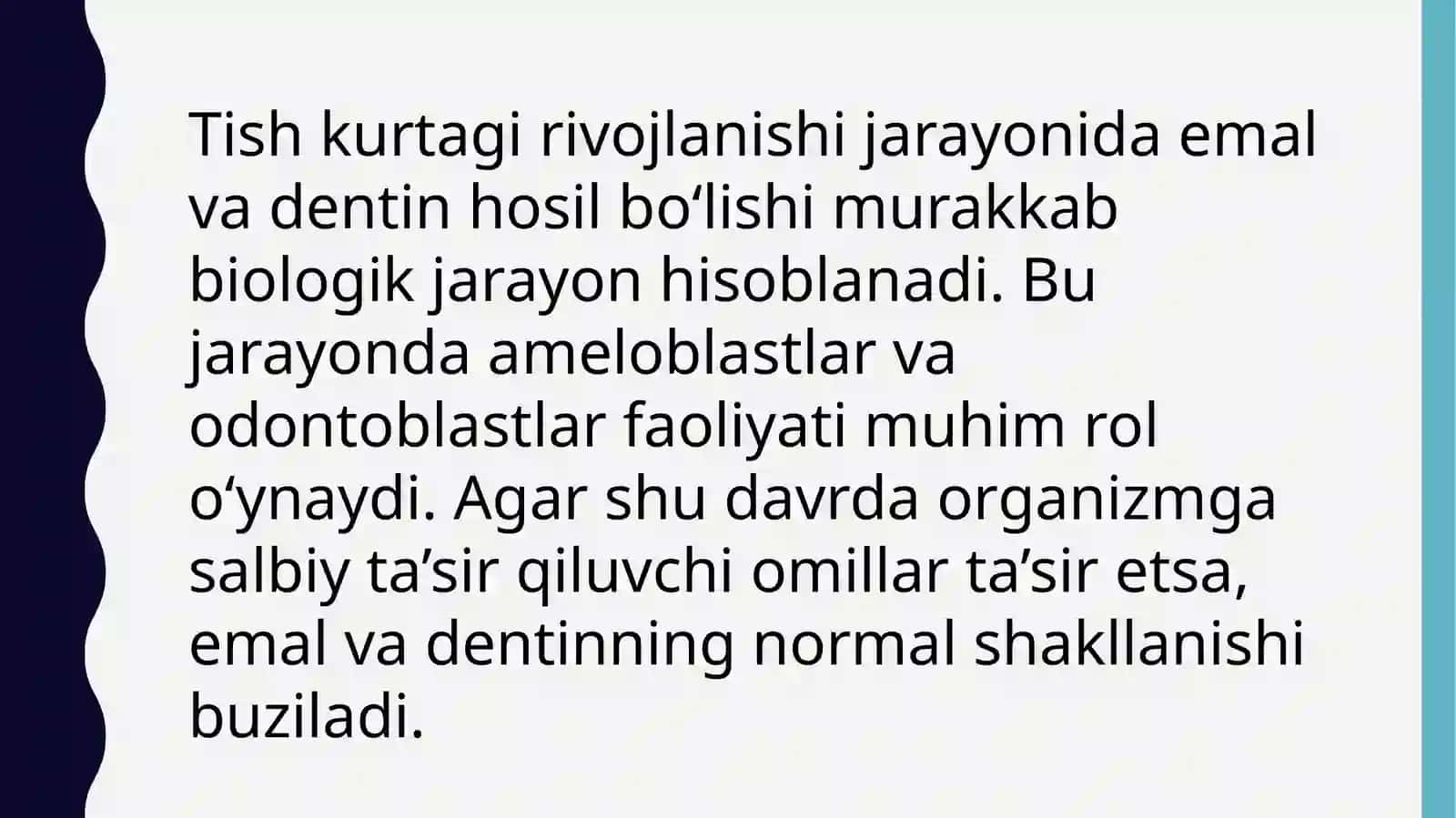 Tish chiqguncha qadar (tish kurtagi rivojlanish gistogenezida) tish qattiq to‘qimalarida paydo bo‘ladigan nokarioz kasalliklar 4