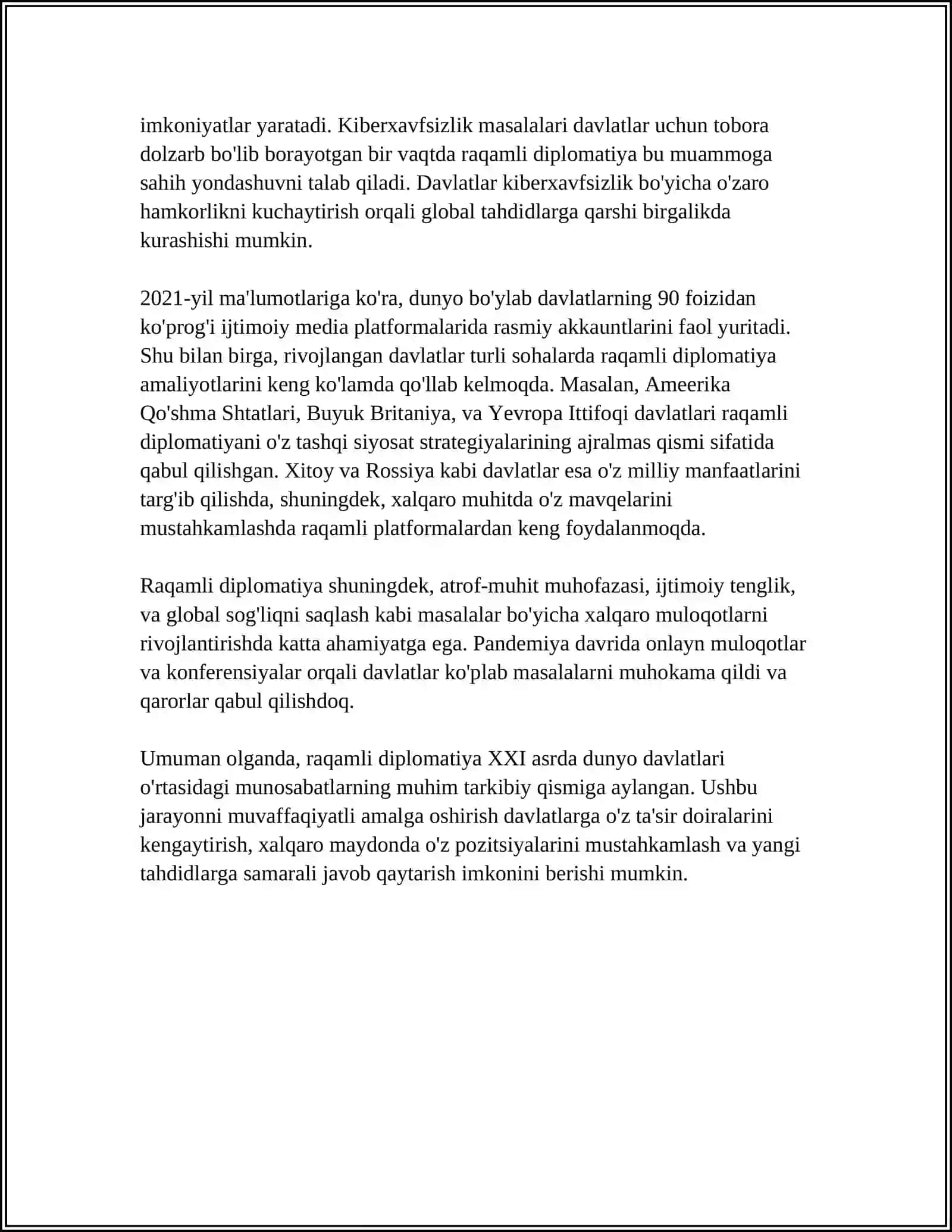 "MARKAZIY OSIYO DAVLATLARIDA RAQAMLI DIPLOMATIYANING SHAKLLANISH BOSQICHLARI VA XUSUSIYATLARI" 4