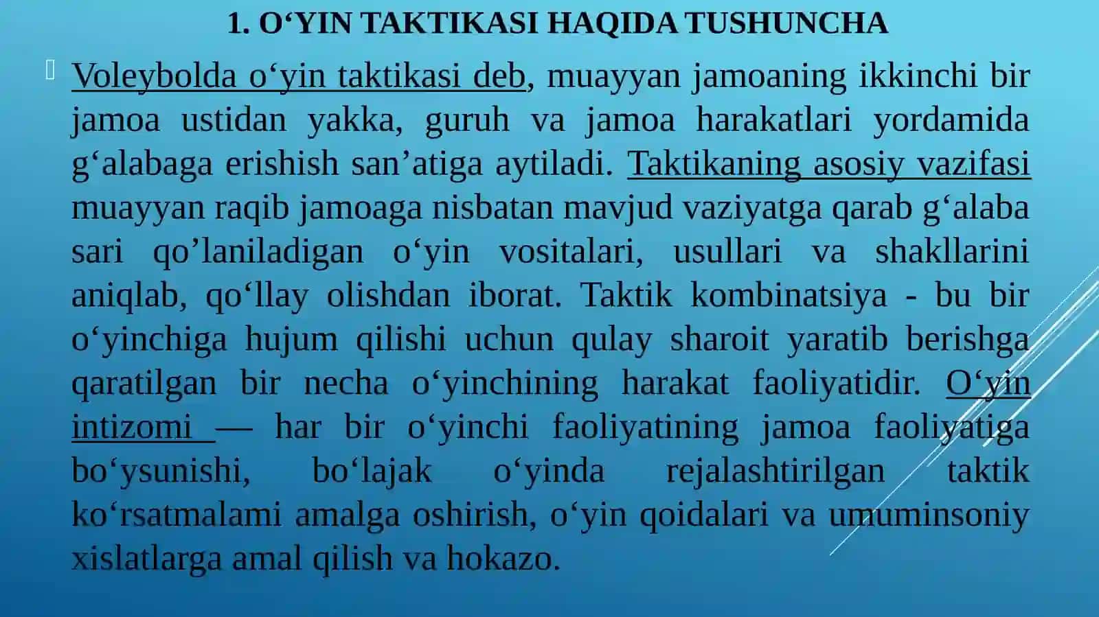 Voleybolo’yini dashug’ullanuvchilarning o’yin taktikasini takomillashtirish va mahoratni o’shirish 4