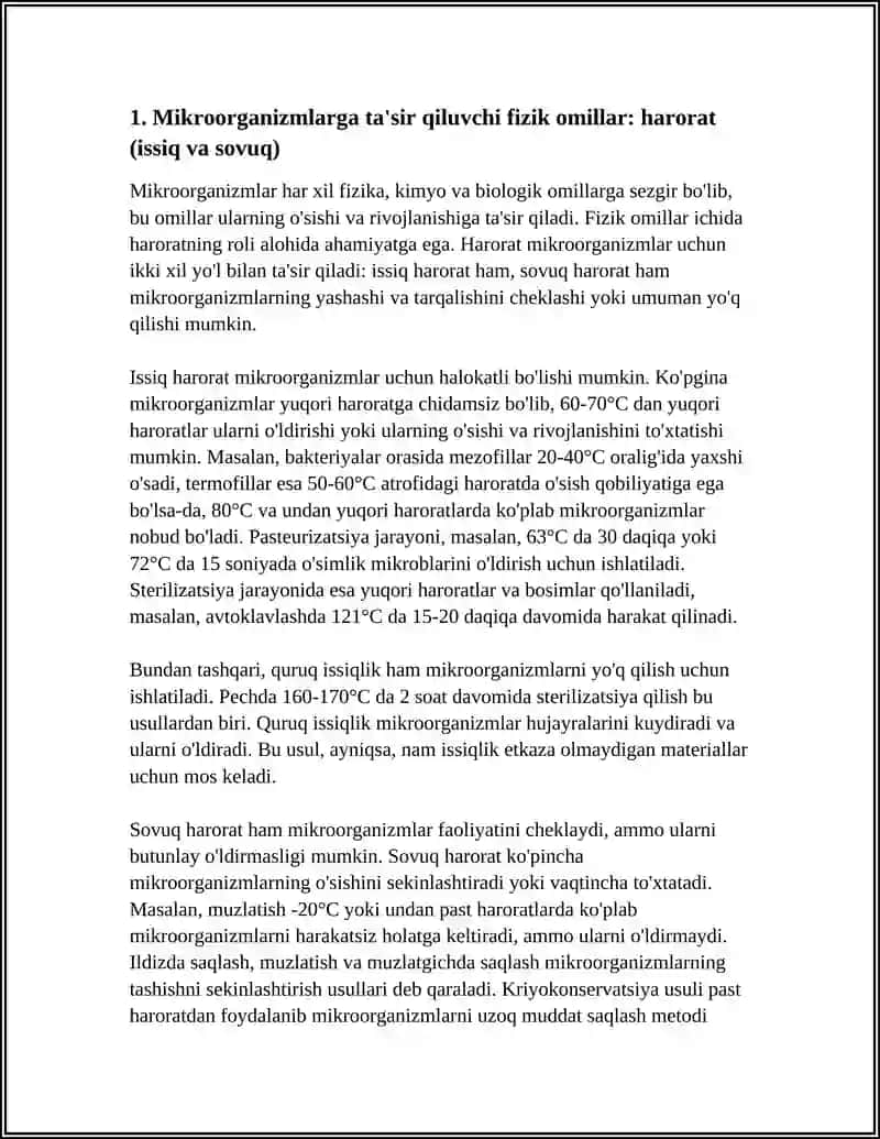 MIKROORGANIZMLARGA TA’SIR QILUVCHI OMILLAR.FIZIK KIMYOVIY BIOLOGIK. ATROF MUHITDA MIKROORGANIZMLARNI YOʻQ QILISH USULLARI. ANTIBIOTIKLAR ANTIBAKTERIAL KIMYOTERAPIYA 4