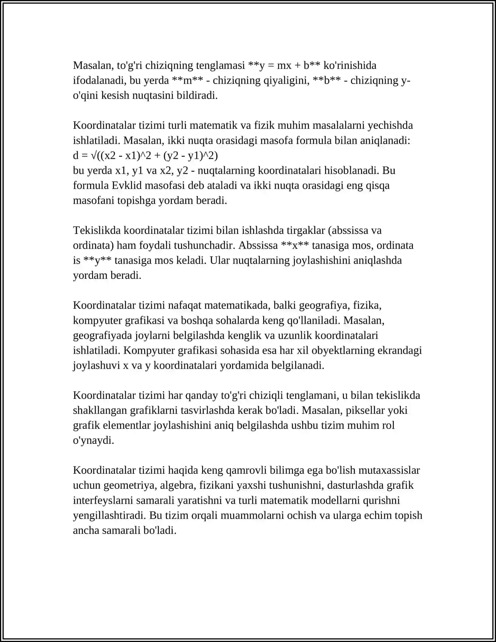 TEKISLIKDA VA FAZODA DEKORT KORDINATALAR SISTEMASI. KESMANI BERILGAN NISBATDA BOʻLISH UCHBURCHAK YUZINI VA OGʻIRLIK MARKAZINI TOPISH 4