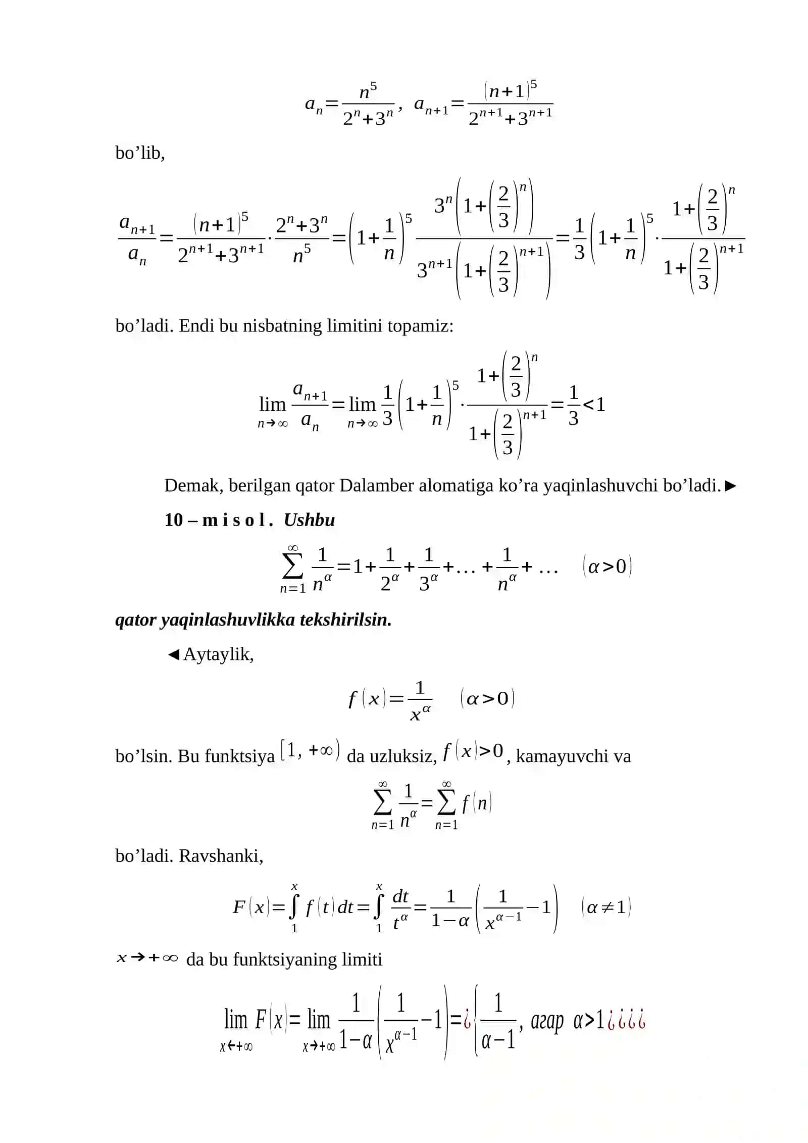 Musbat hadli qatorlarning yaqinlashish alomatlariga doir misollar yechish(Koshining integral alomati, Dalamber, Koshi, Raabe, Gauss alomatlari) 4