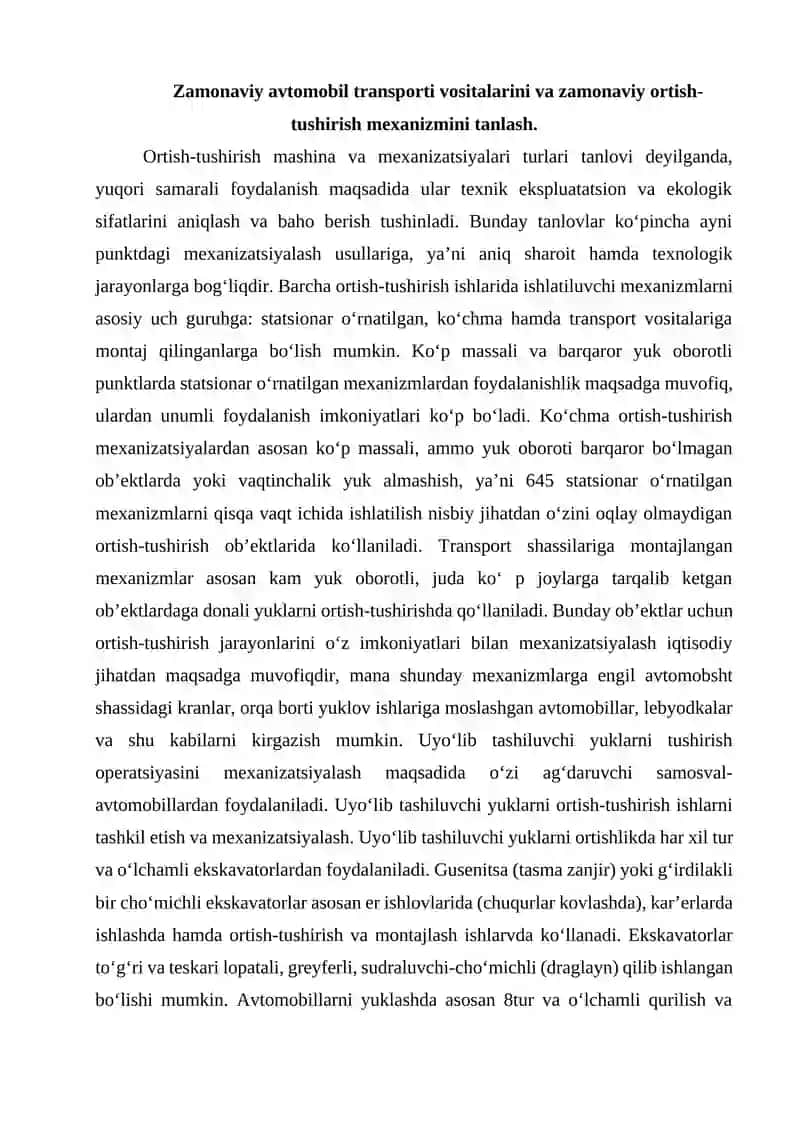 Zamonaviy avtomobil transporti vositalarini va zamonaviy ortish-tushirish mexanizmlarini tanlash 4