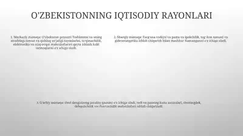 O'Zbekistonning Iqtisodiy Geografik Rayonlari Va Yirik Tabiiy Iqtisodiy Mintaqalari 4