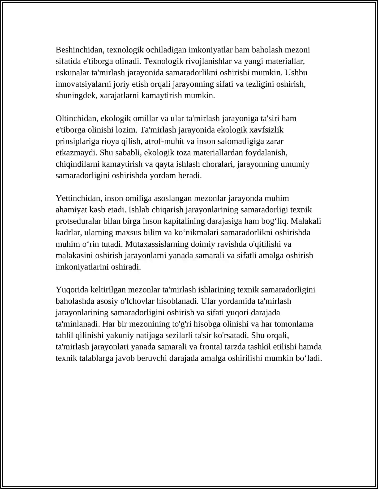TAMIRLASH ISHLARINING TEXNIK SAMARADORLIGINI BAHOLASH 4