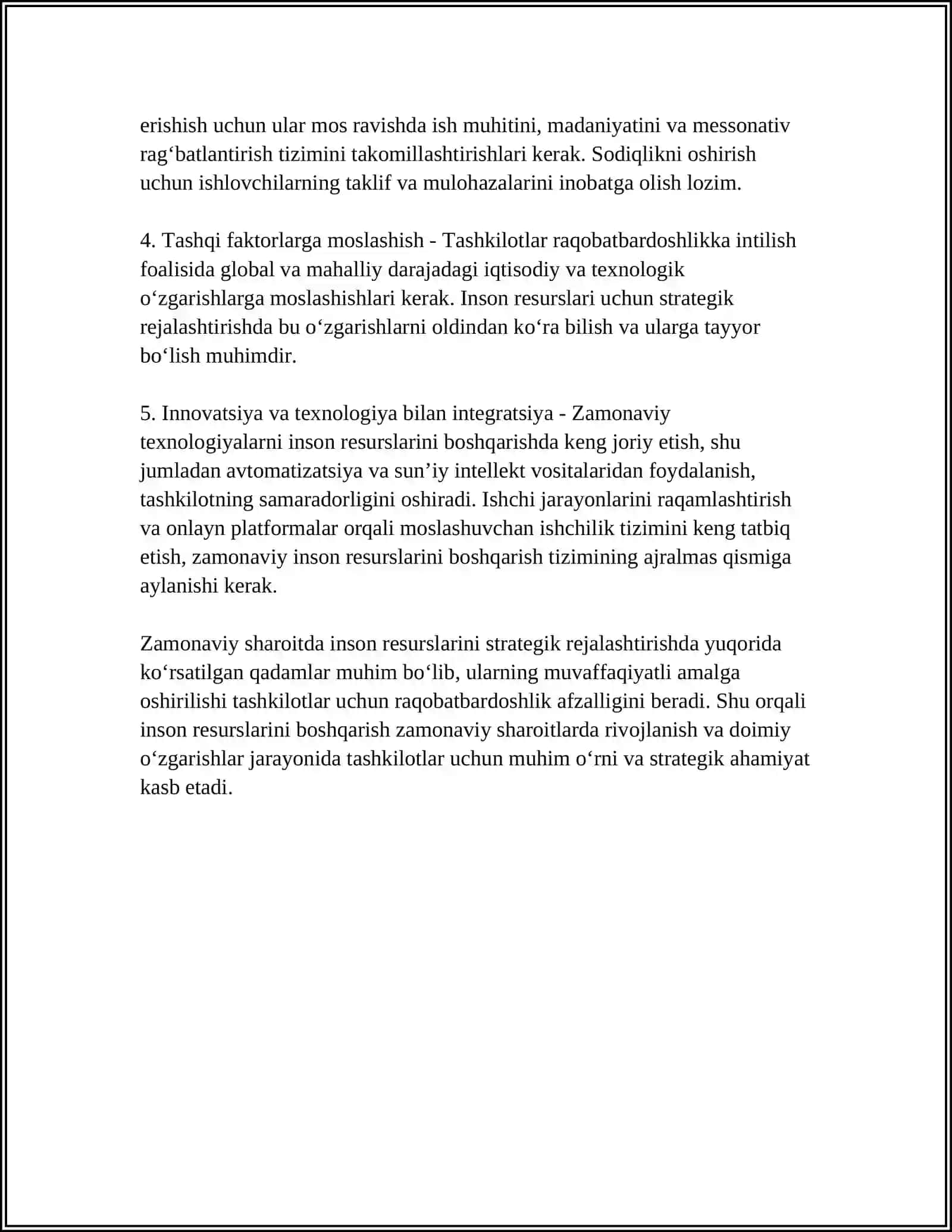 Zamonaviy sharoitlarda inson resurslarini boshqarishning tutgan o'rni va strategiyasi 4
