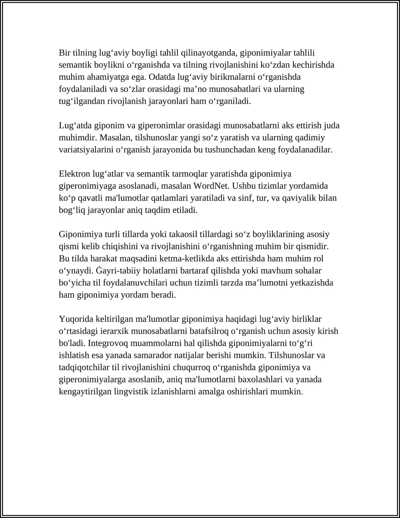 LUG'AVIY BIRLIKLAR O'RTASIDAGI SEMANTIK MUNOSABATLAR:GIPONIMIYA, GRADUONIMIYA, PARTONIMIYA 4