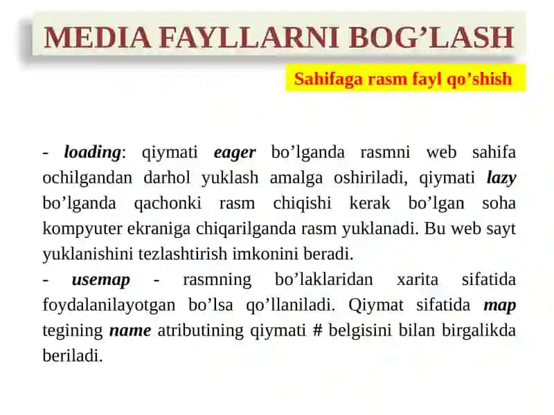 Taqdimot. Web texnalogiyalar. Web sahifaga media fayllarni biriktirish 4