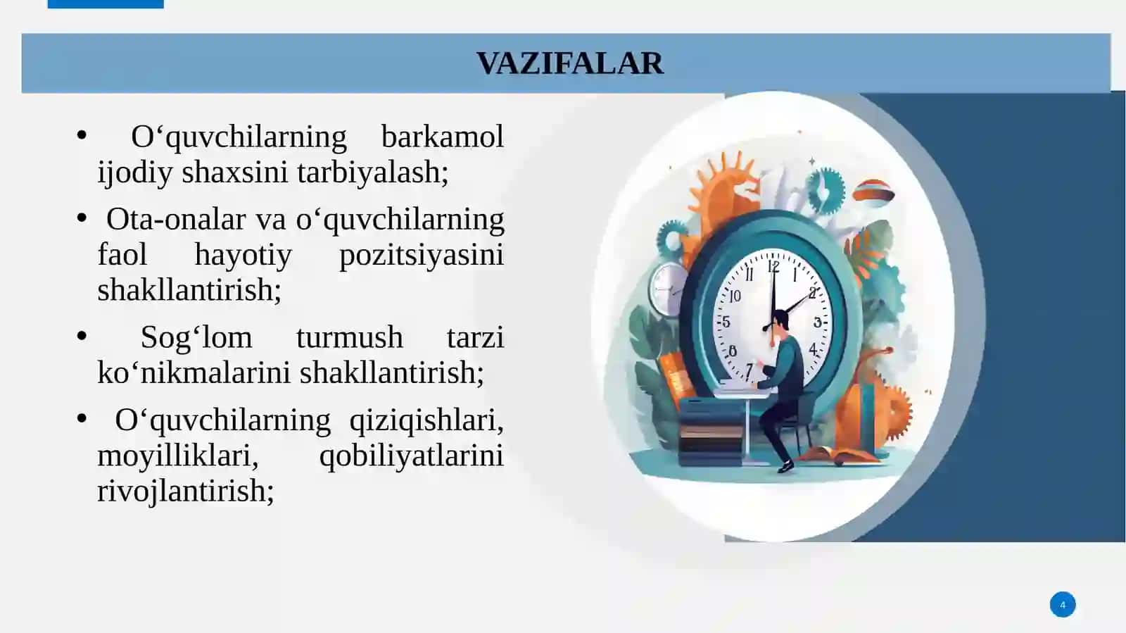 MAKTABdaOTA-ONAvapedagoglaro‘rtasidagio‘zarohamkorlikmunosabatlarinirivojlantirishAMALIY TOPSHIRIG`I 4