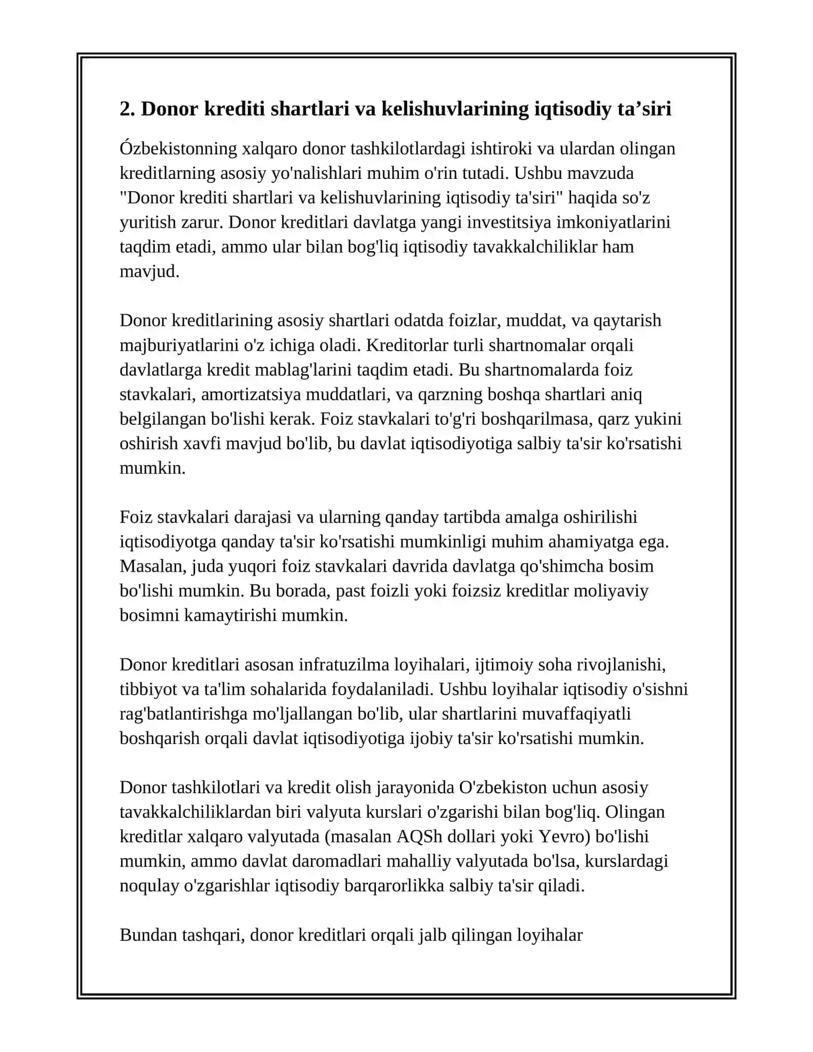 ÓZBEKSTANNIŃ XALIQ ARALIQ DONOR SHÓLKEMLERDEGI QATNASIWI HÁM OLARDAN TARTQAN KREDITLERINIŃ TIYKARĢI BAĢDARLARI 4