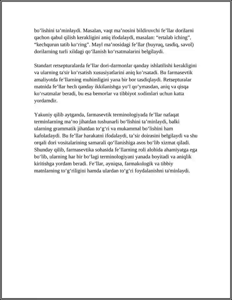 FARMASEVTIK TERMIN STRUKTURASI.FE'L VA UNING GRAMMATIK KATEGORIYASI. STANDART RETSEPTURADA FORMULIROVKALARI FE'LLAR BILAN 4