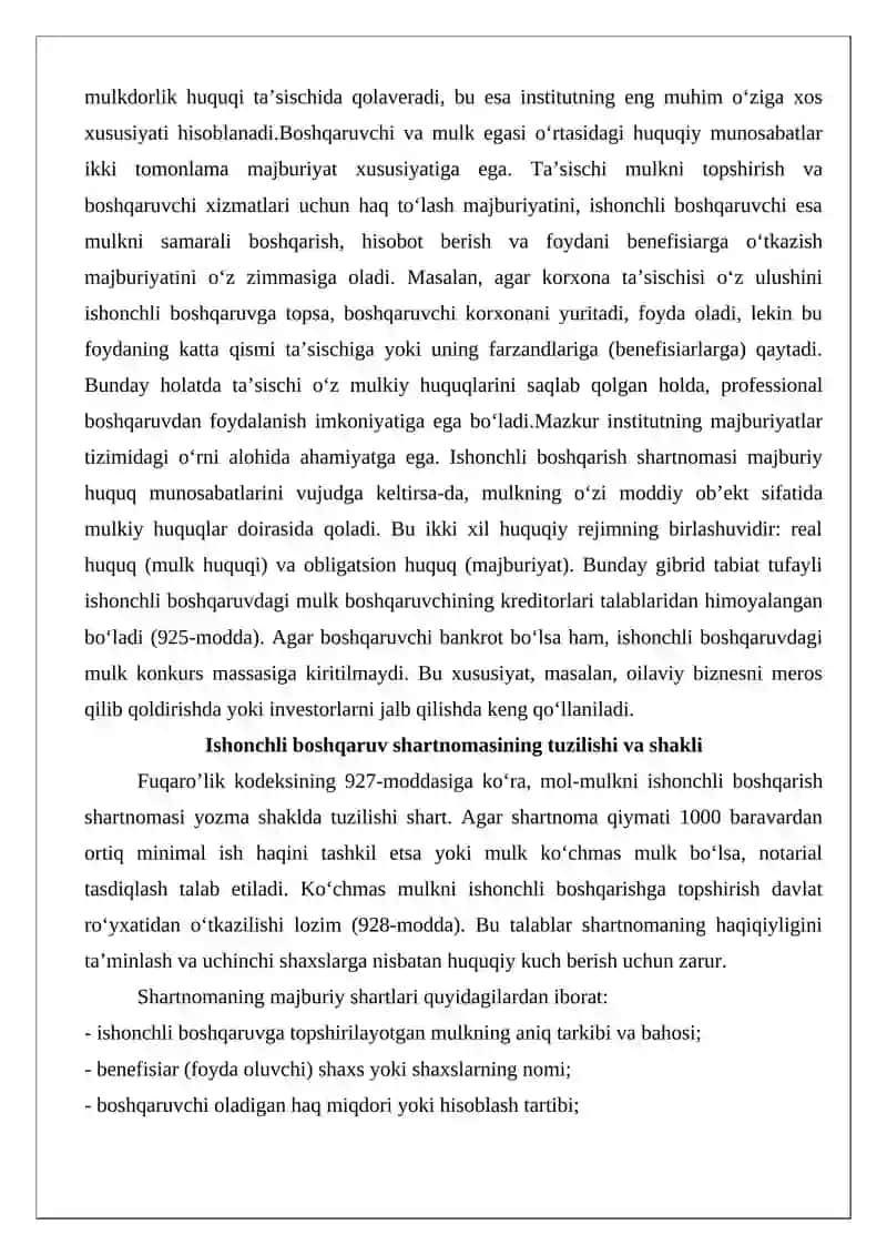 Mol-mulkni ishonchli boshqarishni fuqaro’lik-huquqiy tartibga solishning o‘ziga xos xususiyatlari 4