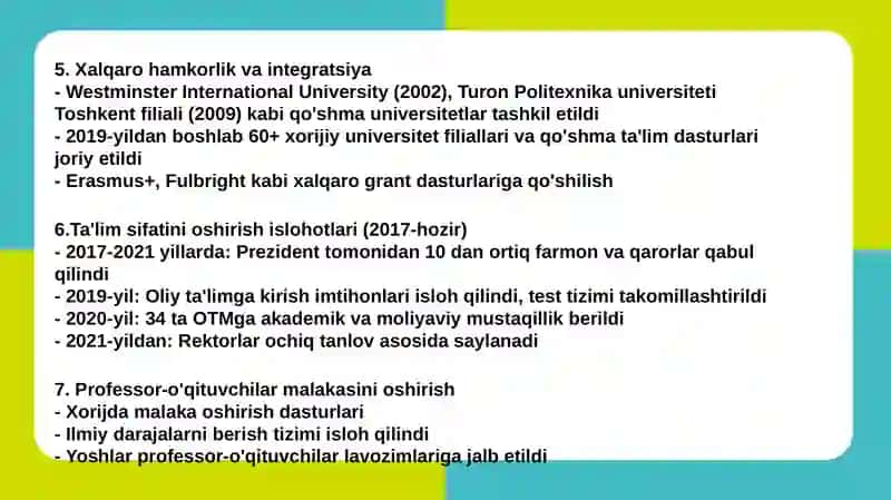 Yangi O'zbekistonda Oliy ta'lim va ilm-fan sohasidagi islohotlar 4