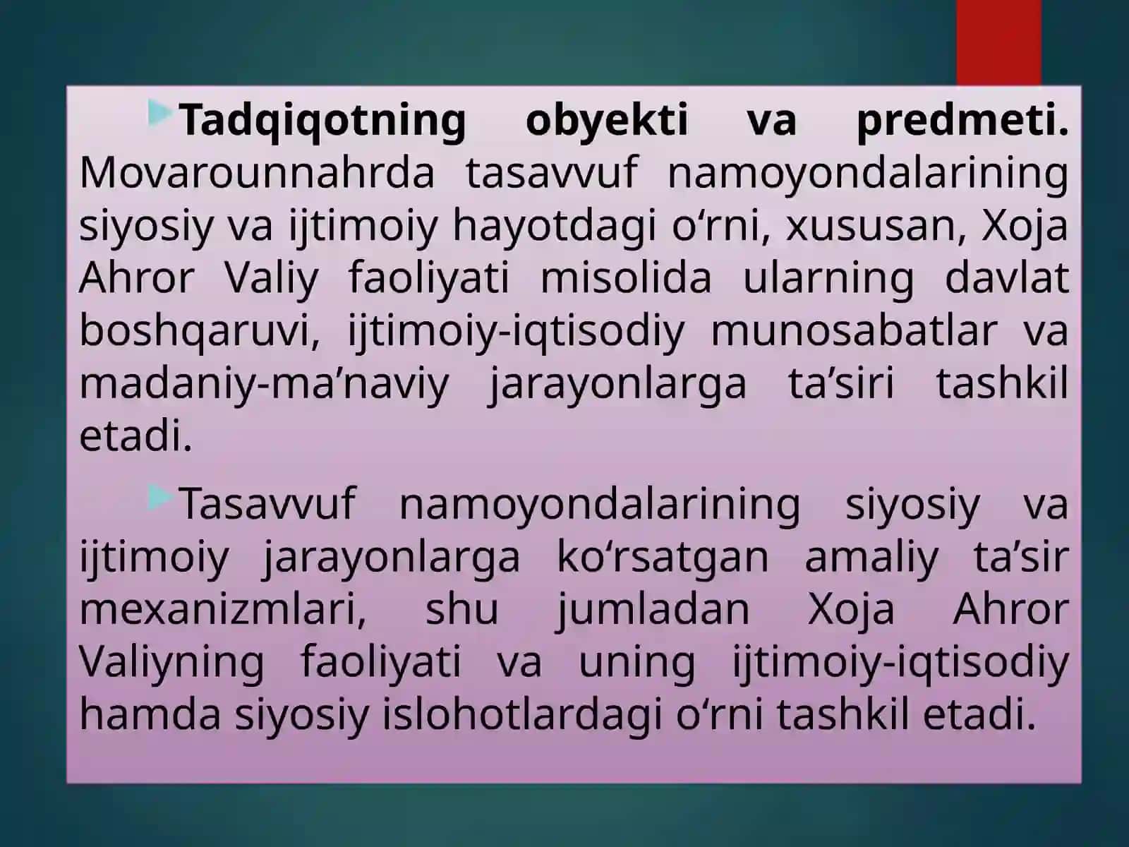 MOVAROUNNAHRDA TASAVVUF NAMOYONDALARINING SIYOSIY VA IJTIMOIY HAYOTDA TUTGAN O‘RNI (XOJA AHROR VALIY FAOLIYATI MISOLIDA) 4