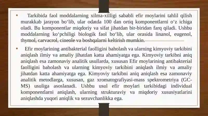 GAZ XROMATOGRAFIYASI YORDAMIDA EFIR MOYLARINING TARKIBINI O‘RGANISH 4
