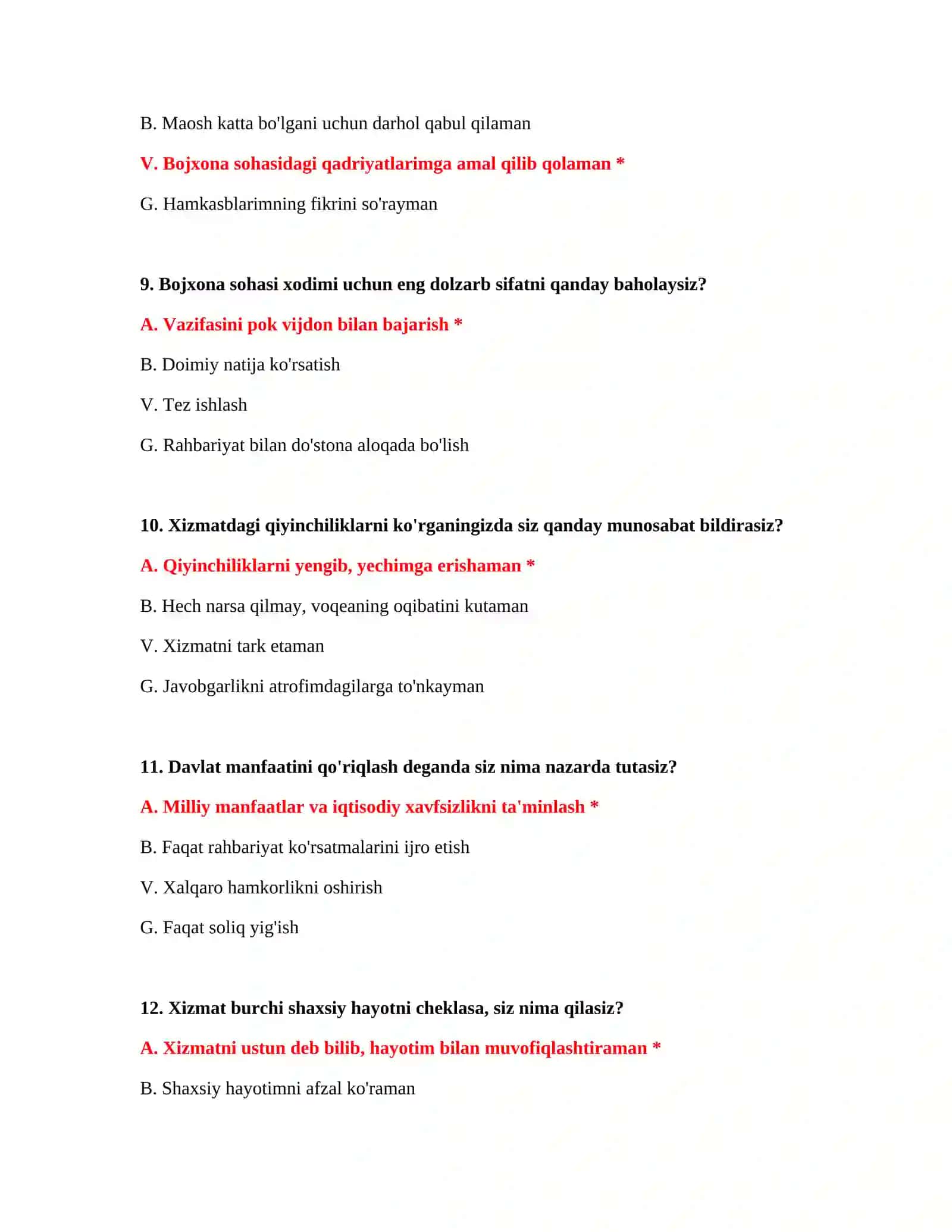 Bojxona xizmati testlari 4