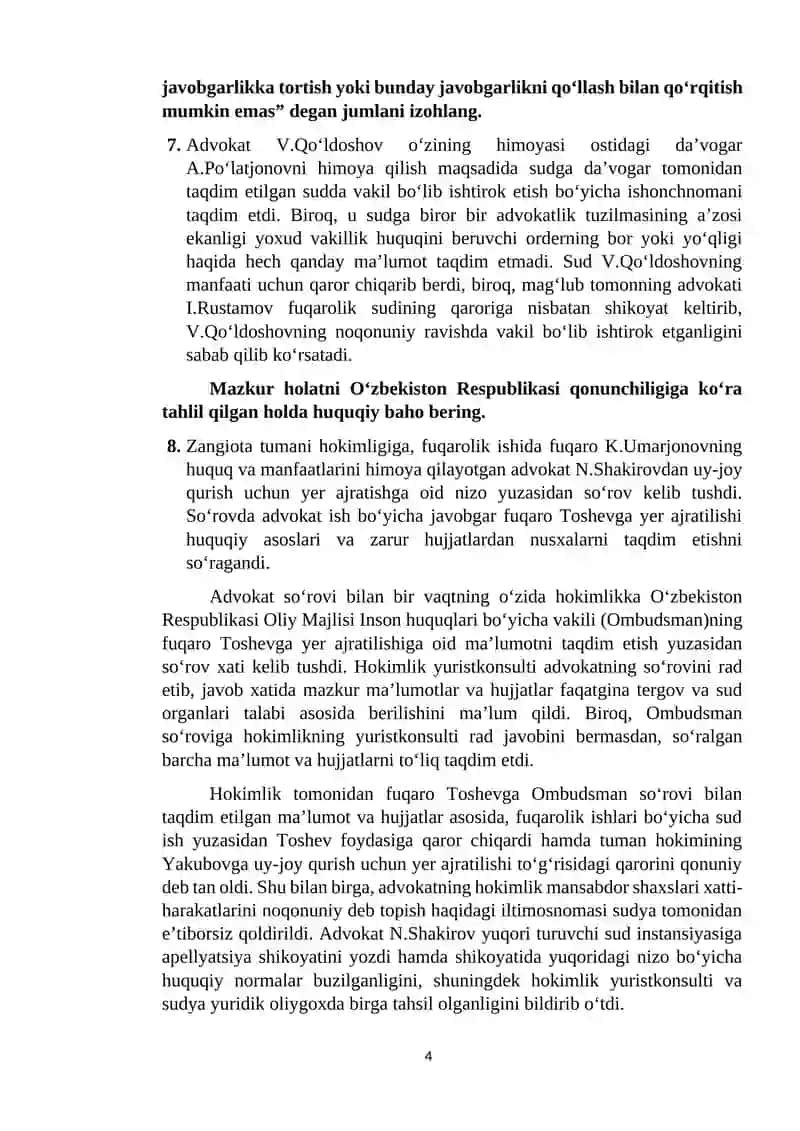 Advokatura huquqi fanidan yakuniy nazorat uchun kazuslar 4