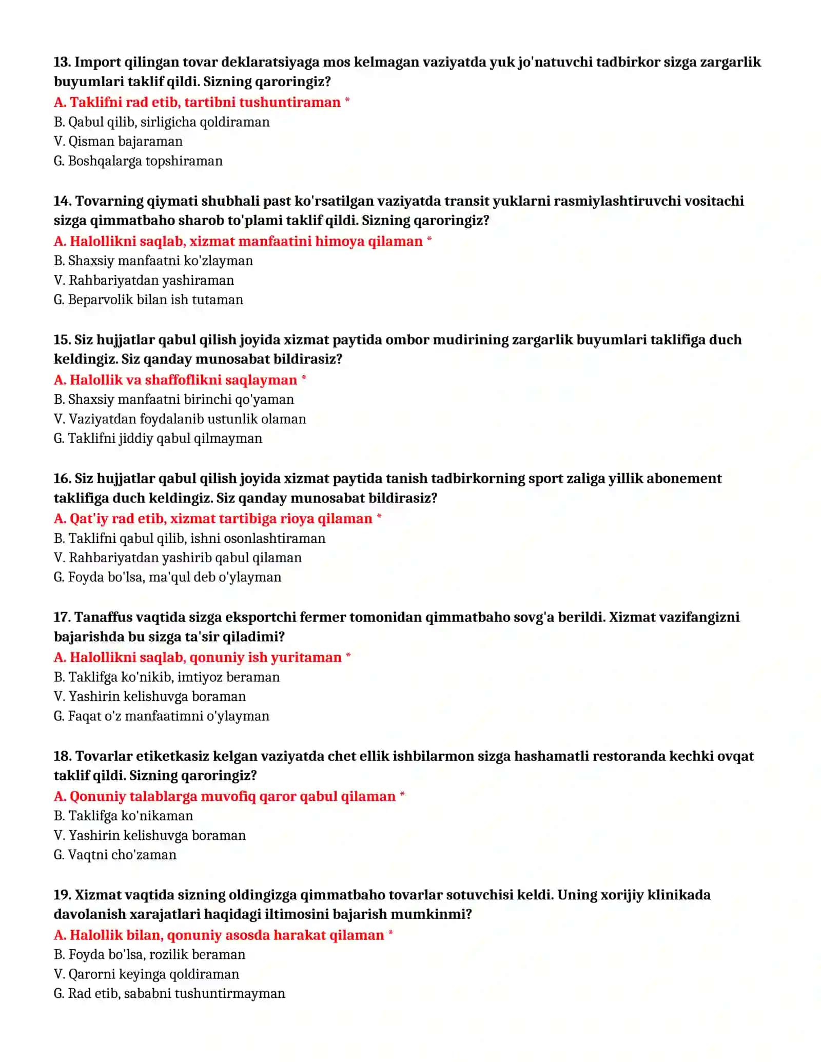BOJXONA AKADEMIYASI - TEST SAVOLLARI (№ 71) 4
