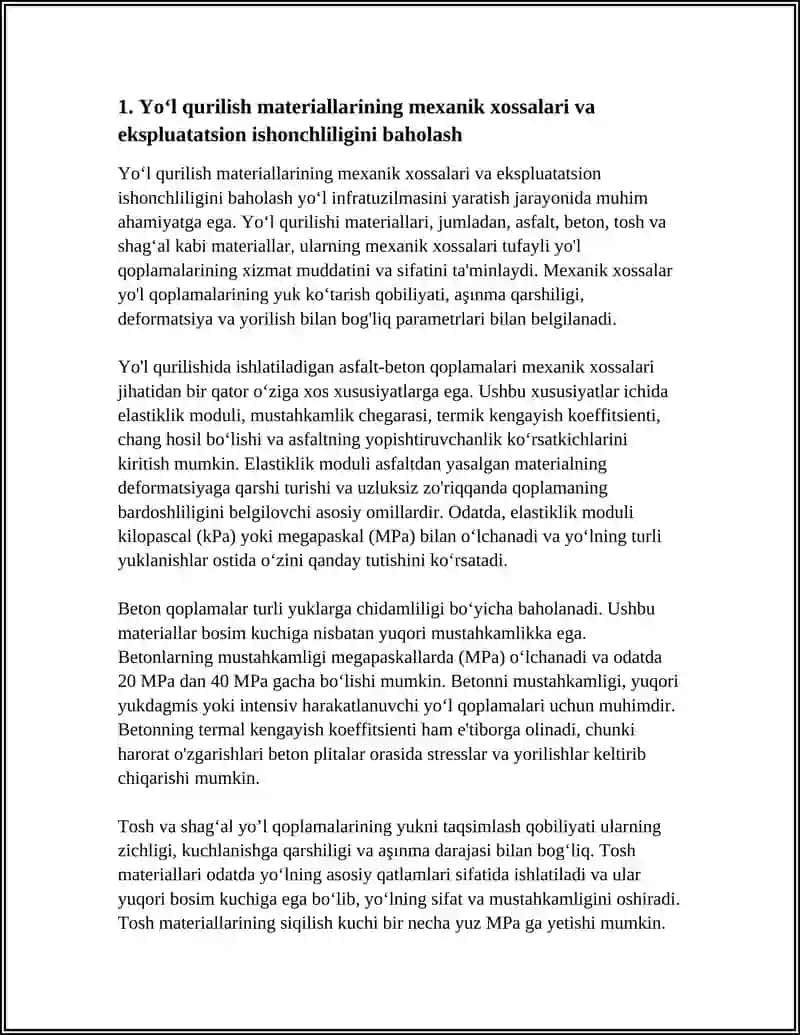 YO'L QURILISH MATERIALLARI VA MAHSULOTLARNING EKSPLUATATSION ISHONCHLILIGINI BAHOLASH 4