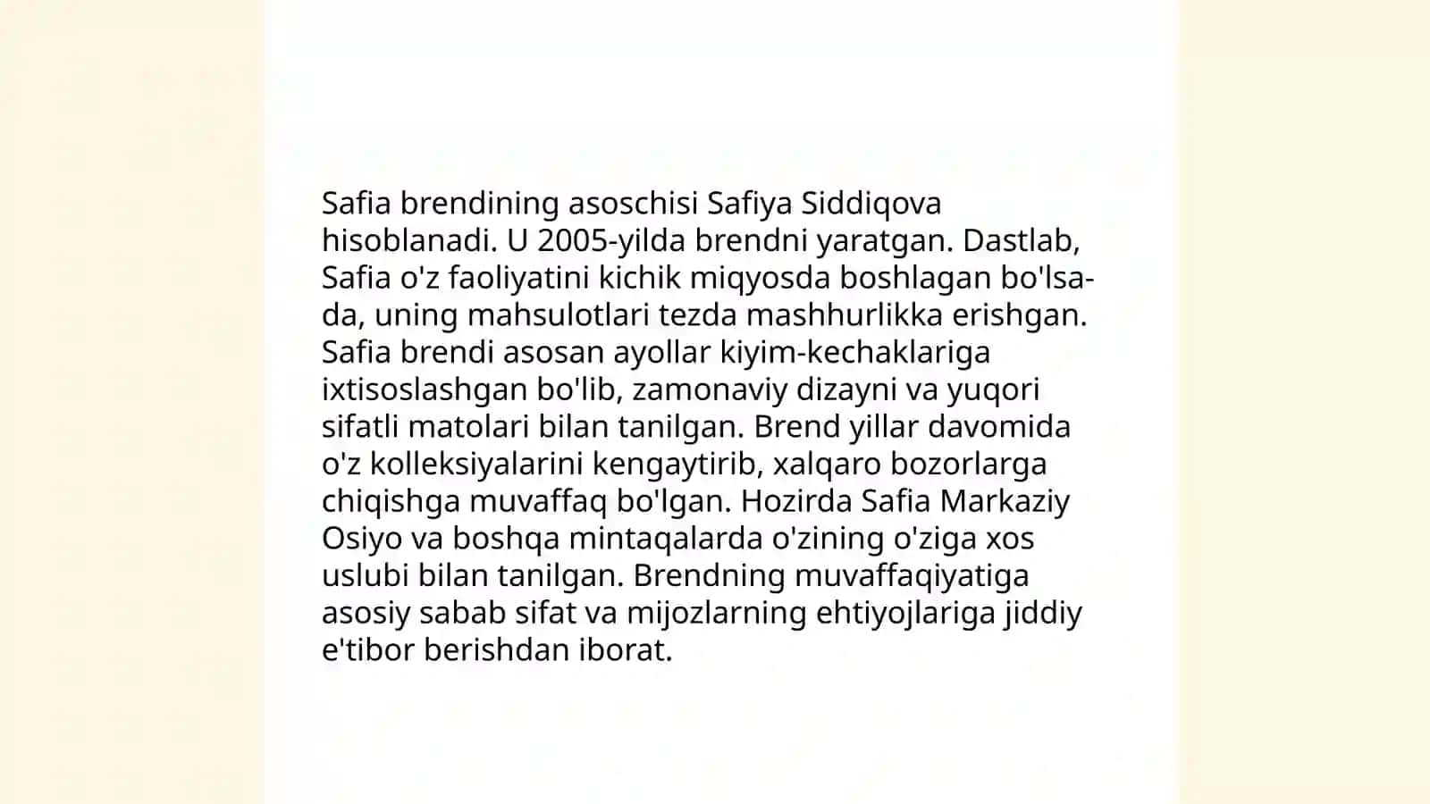 Safia brendining biznes faoliyati va kelib chiqishi 4