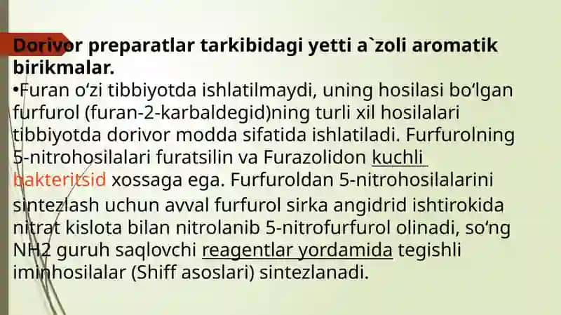 Kraun efirlar – dori vositalari sifatida .Dorivor preparatlar tarkibidagi yetti a’zoli aromatik birikmalar 4
