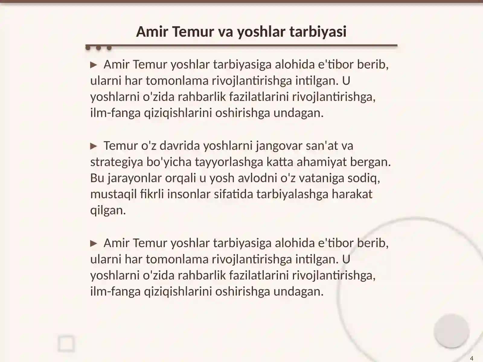 Amir Temur o'gitlarining tarbiyaviy ahamiyati (taqdimot tayyorlash) 4