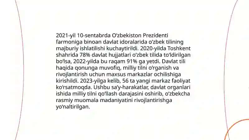 O’zbek tilining davlat tili sifatida nufuzini oshirish bo’yicha qilinayotgan ishlar 4