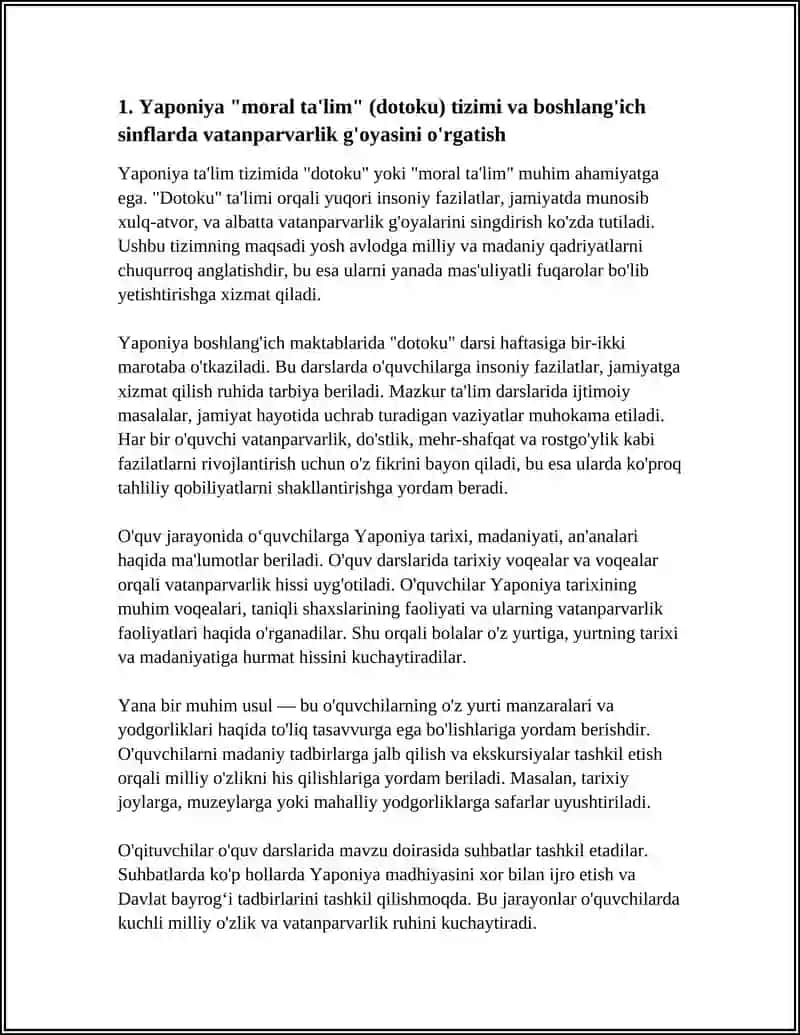 YAPONIYA TA'LIM TIZIMIDA YOSH AVLODNI VATANPARVARLIK RUHIDA TARBIYALASH G'OYASINI BOSHLANG'ICH SINFLARGA O'RGATISH USULLARI VA METODIKASI 4