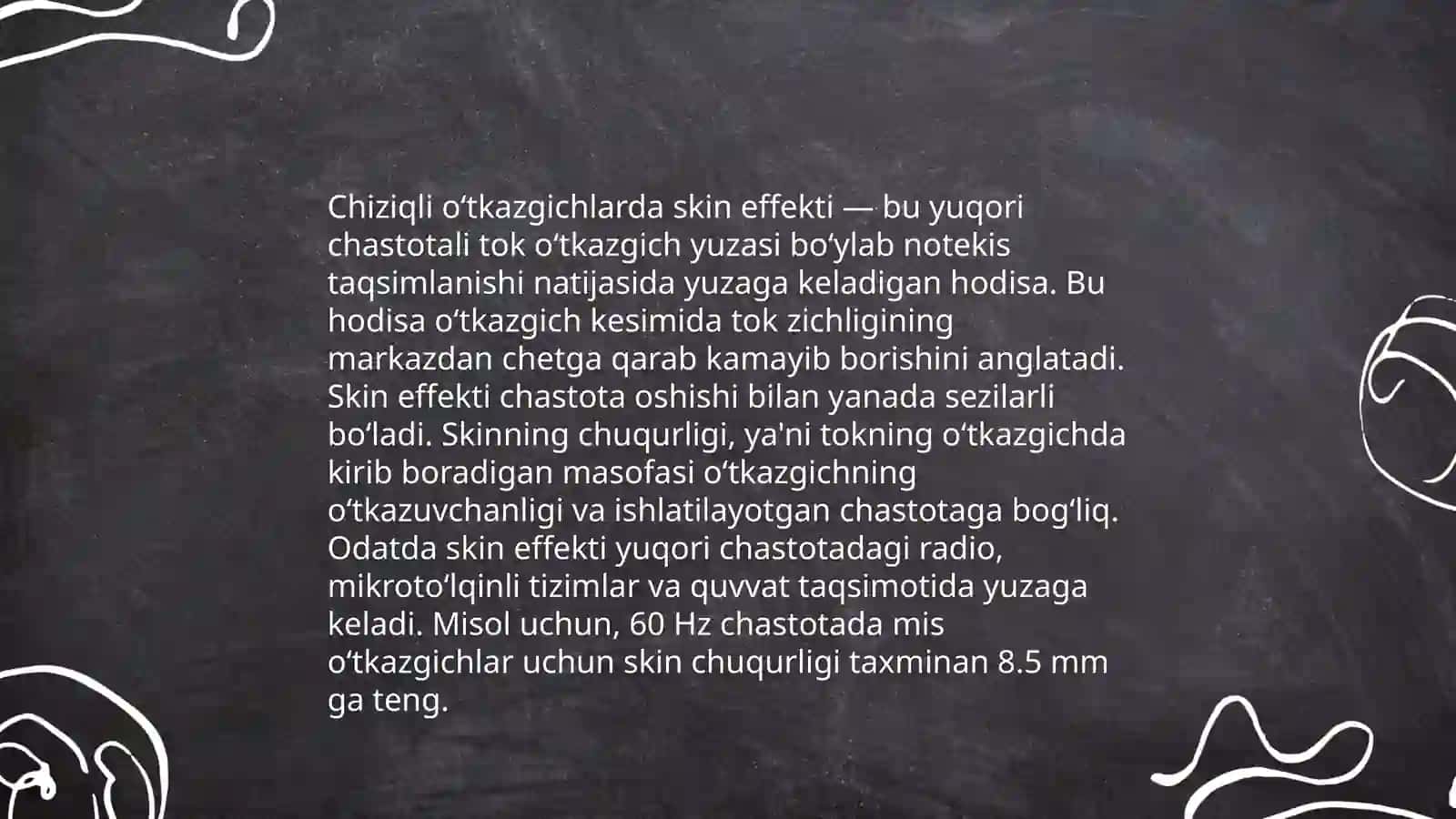 Skin effekt. Chiziqli oʻtkazgichlarda kvazistasionar toklar. Kvazistasionar magnit maydon energiyasi 4
