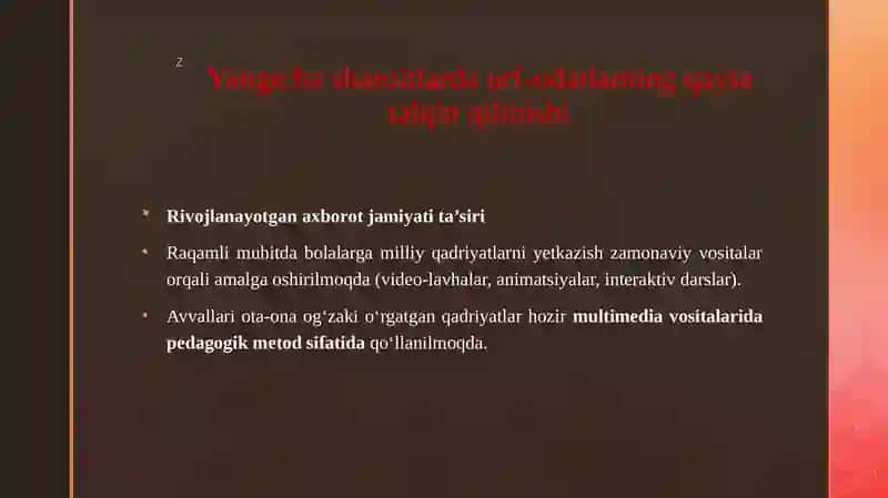 Etnopedagogika urf odatlarning yangicha sharoitlarini talqini sifatida 4