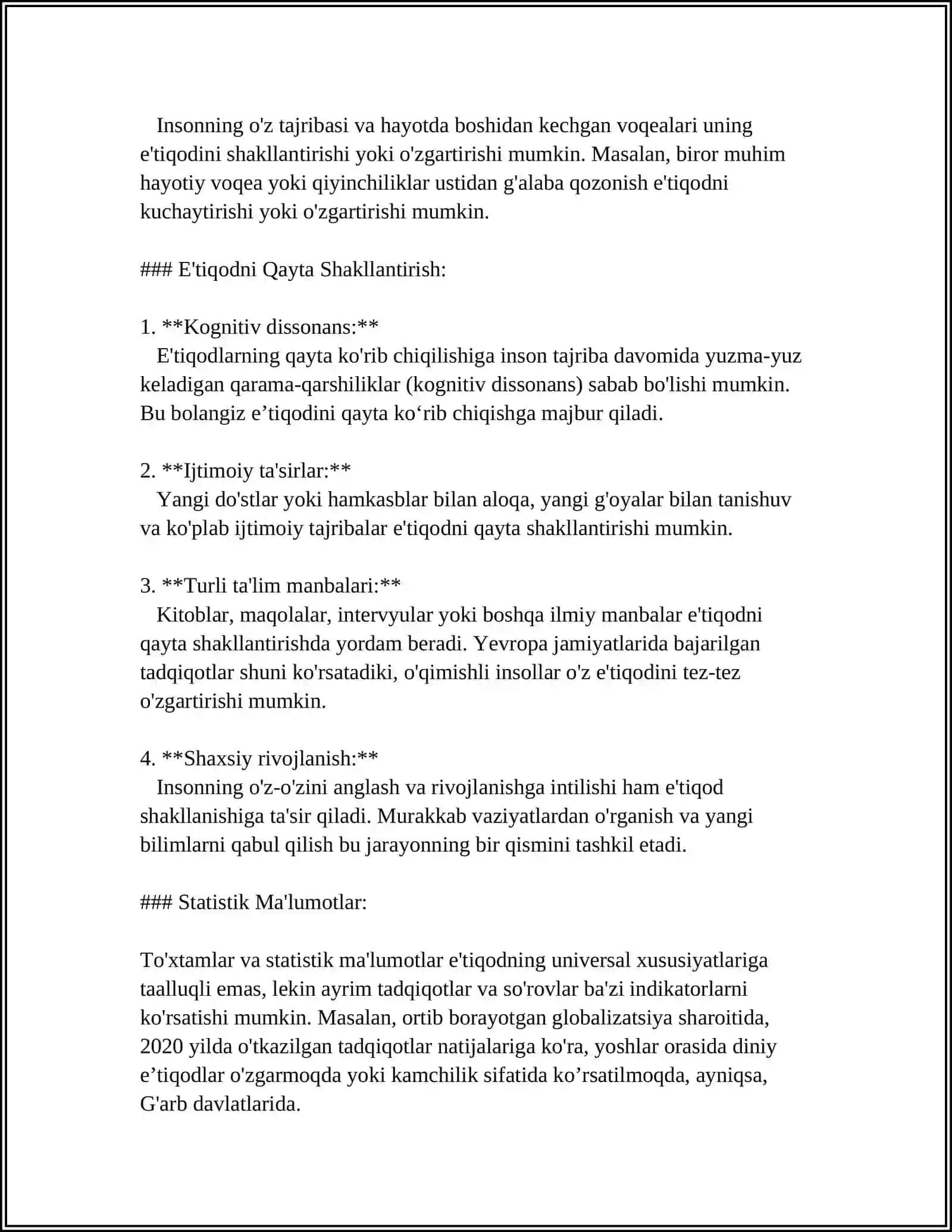 SHAXSNING EʼTIQODI VA DUNYOQARASHI REFERAT 4