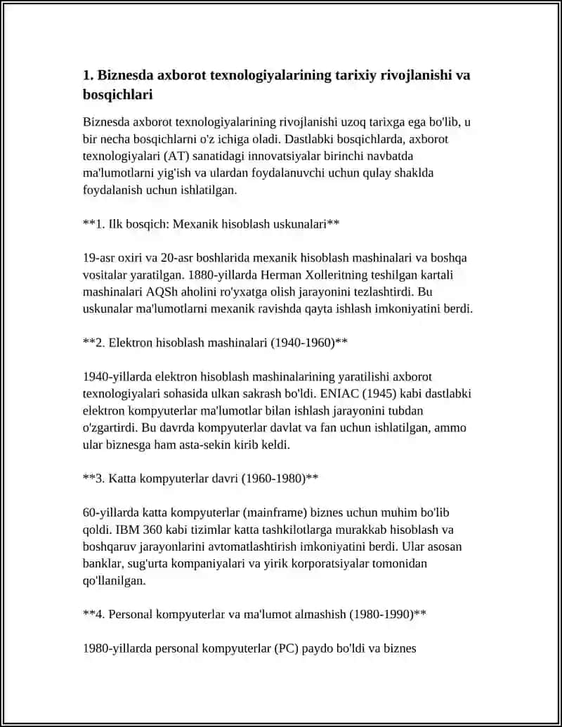 BIZNESDA AXBOROT TEXNOLOGIYALARI: RIVOJLANISH BOSQICHLARI, VOSITALARI VA XAVFSIZLIK REFERAT 4