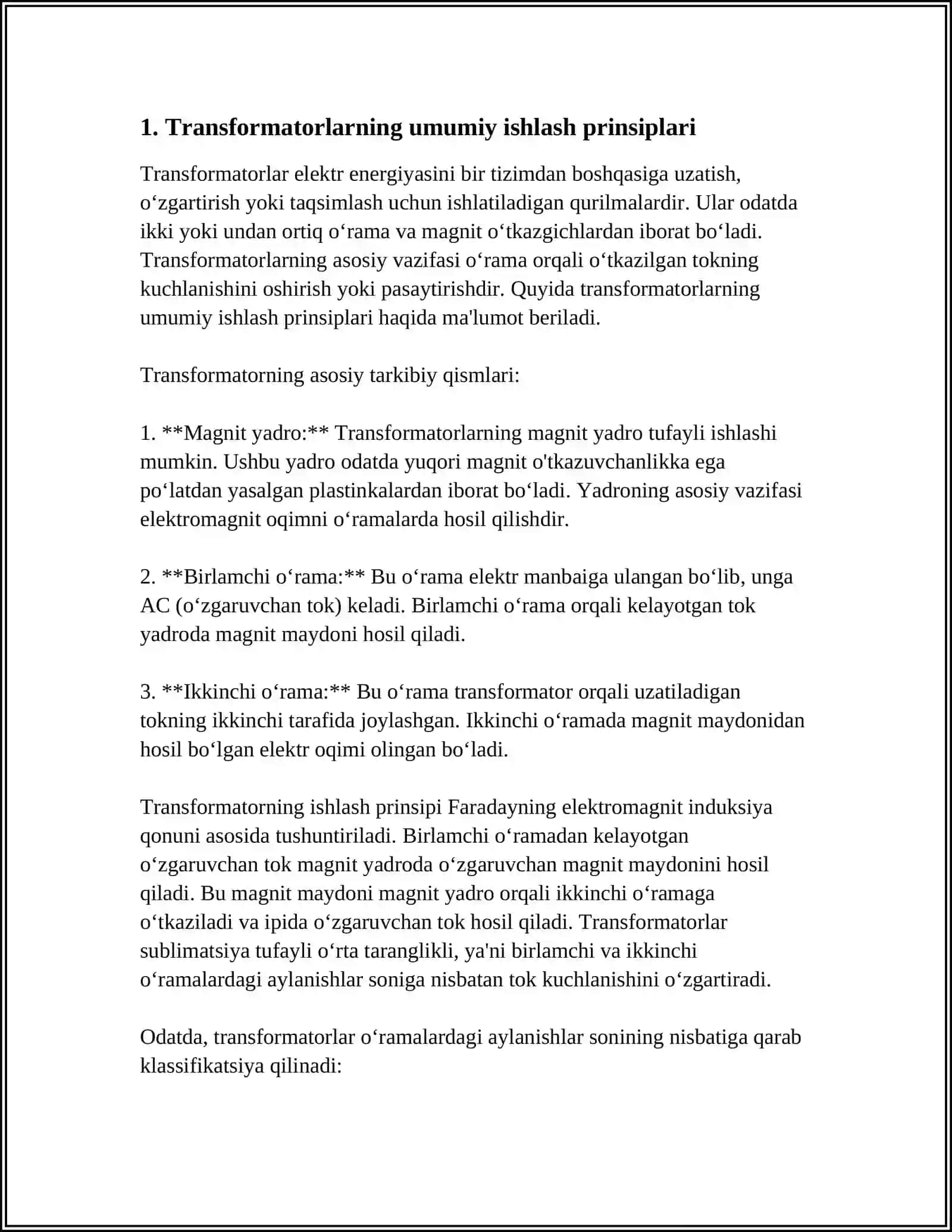 TRANSFORMATORLARGA OID UMUMIY MO'LUMOTLAR TRANSFORMATORLARNIG MAGNIT SISTEMALARI VA CHOLG'AMLARI 4