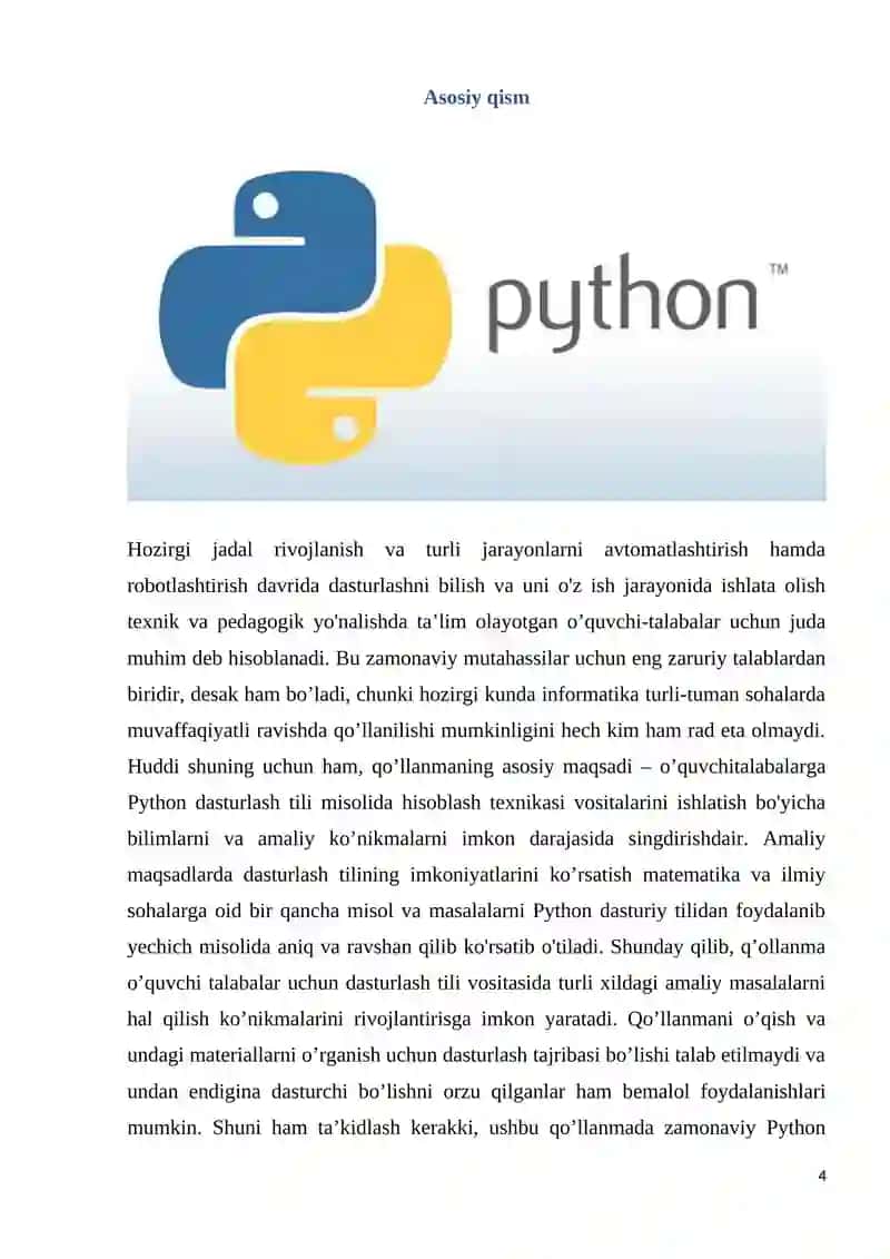 Python dasturlash tilida sodda masalalarni dasturlash 4