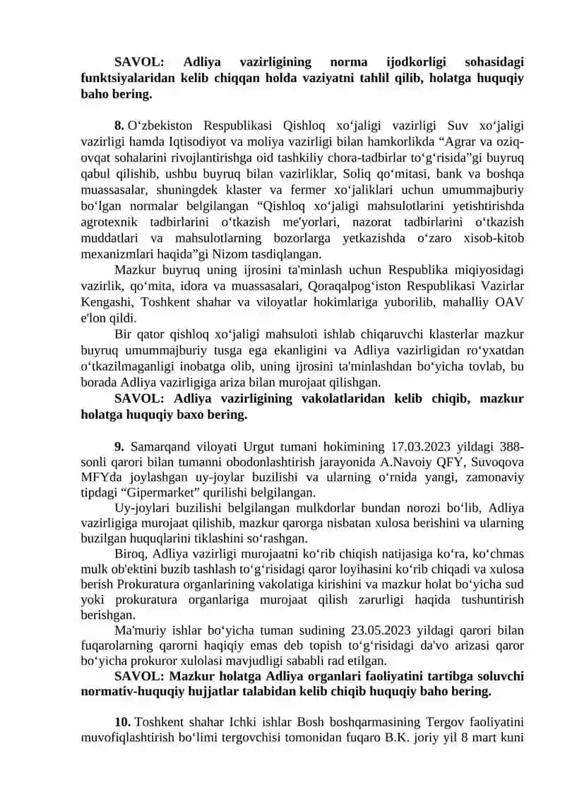 SUD VA HUQUQNI MUHOFAZA QILUVCHI ORGANLAR MODULI YAKUNIY NAZORAT TOPSHIRIQLARI 4