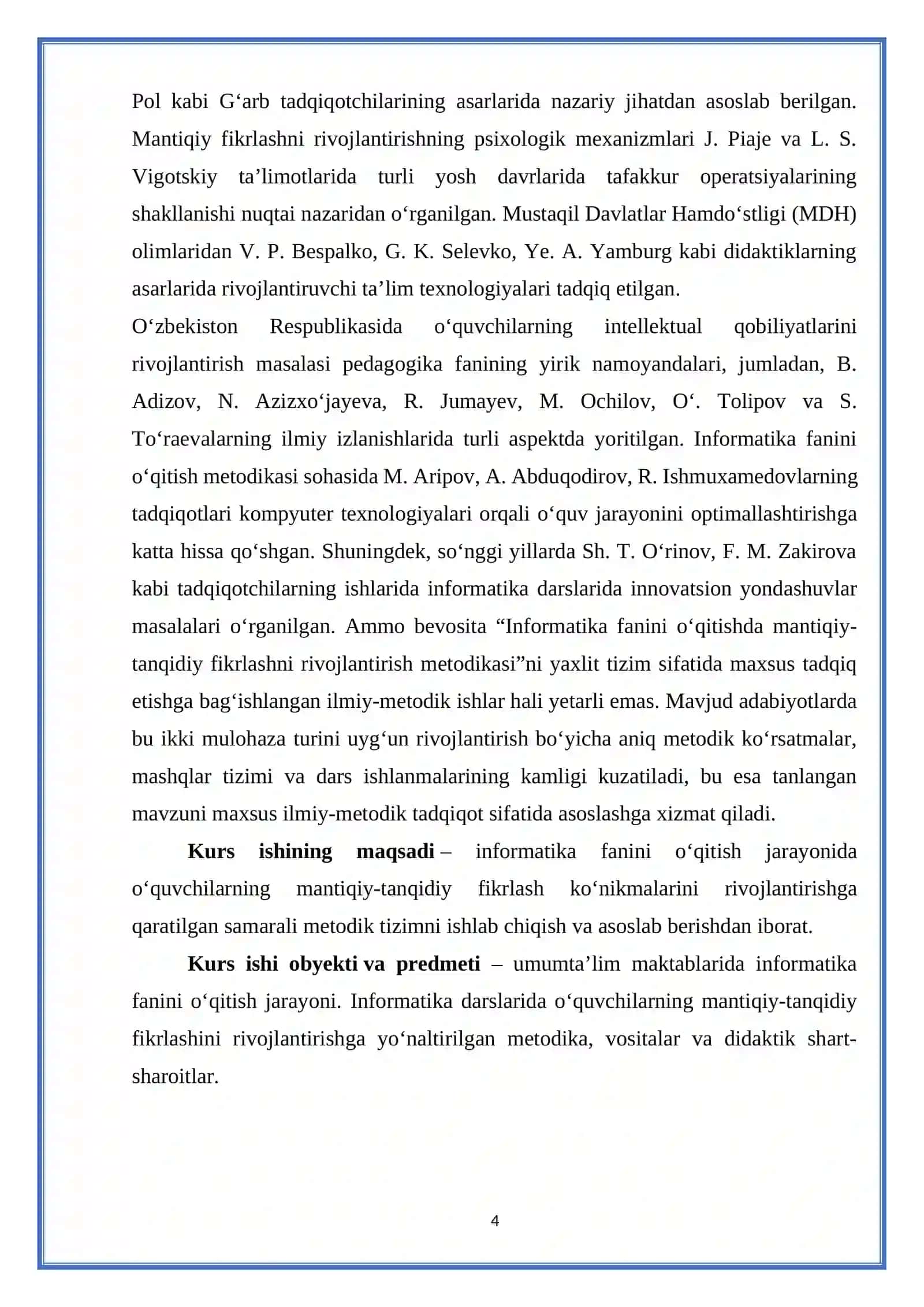 INFORMATIMA O’QITISH METODIKASI FANIDAN KURS ISHI 4