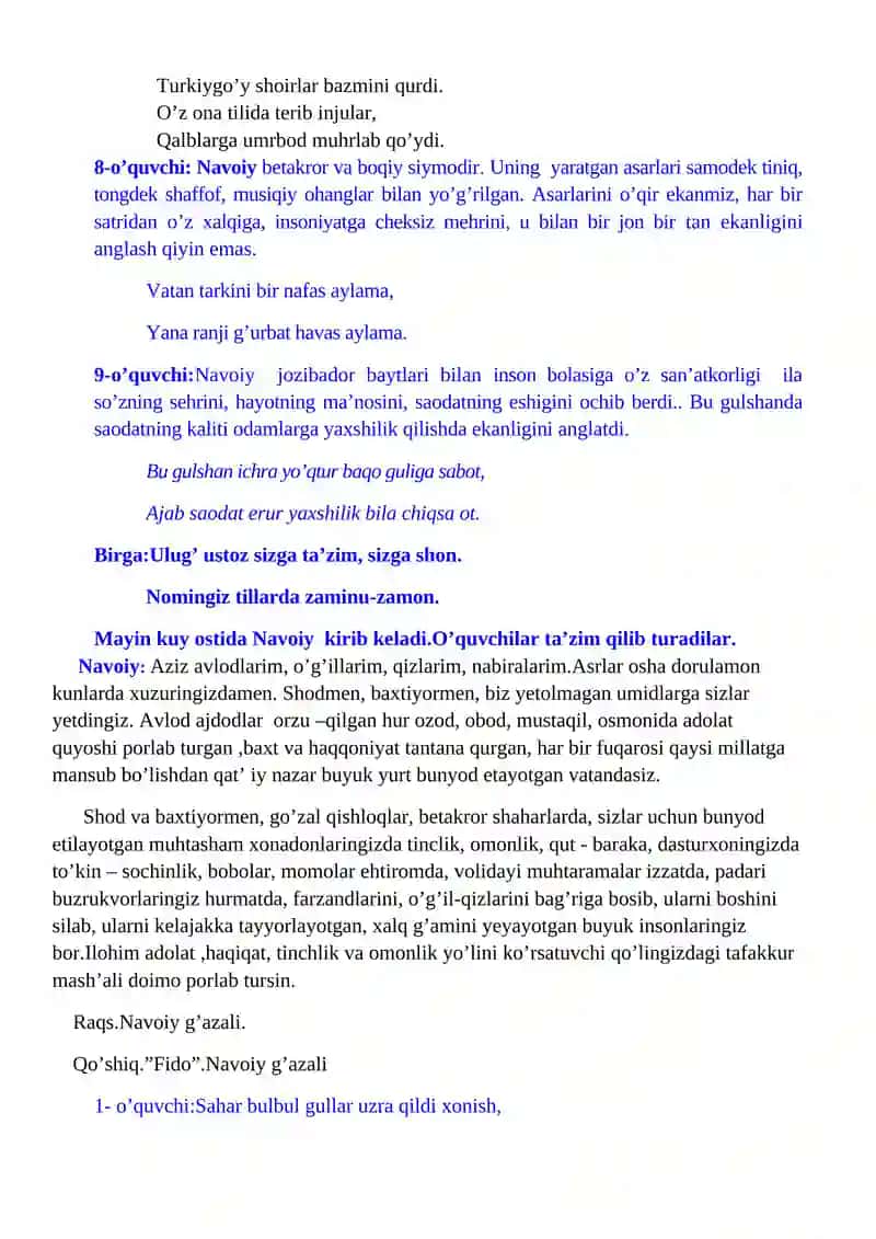 "Navoiy yodi-la yashaymiz mudom" tadbir senariysi 4