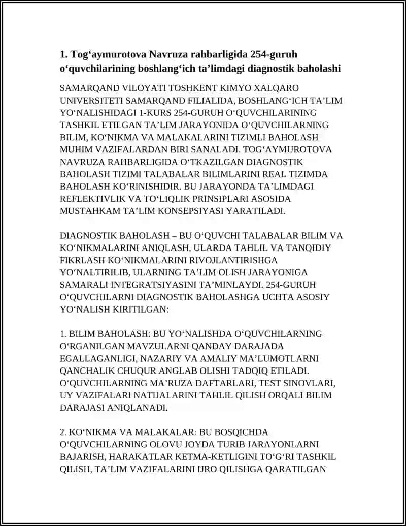 SAMARQAND VILOYATI TOSHKENT KIMYO XALQARO UNIVERSITETI SAMARQAND FILYALI 1-KURS BOSHLANGʻICH TAʼLIM 254-GURUH TOGʻAYMUROTOVA NAVRUZA OʻQUVCHILARNING BILIM, KOʻNIKMA VA MALAKALARINI BAHOLASH 4