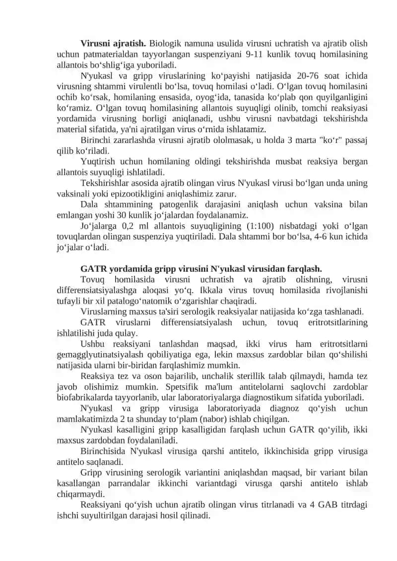 Gemagglyutitnatsiyani to‘xtatish reaksiyasi yordamida parrandalarning gripp virusini Nyukasl kasalligi virusidan farqlash 4
