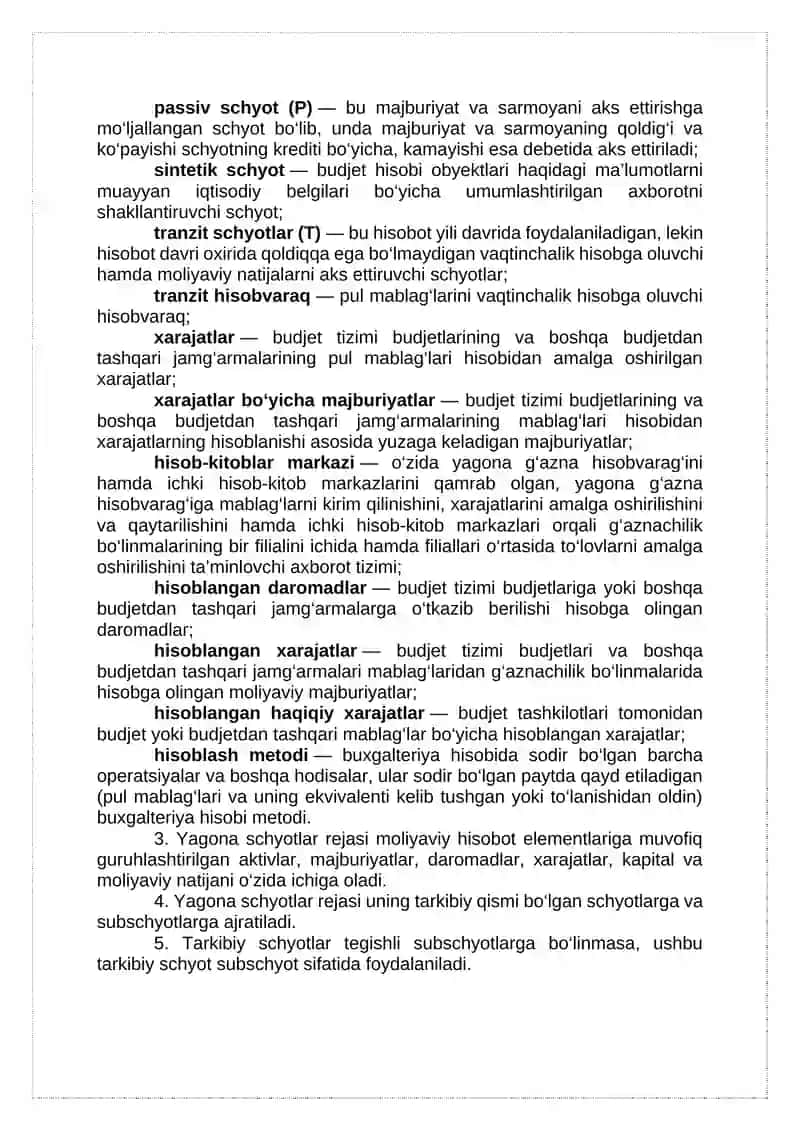 Budjet tashkilotlarining budjet hisobida yagona schyotlar rejasini qo‘llash tartibi 4