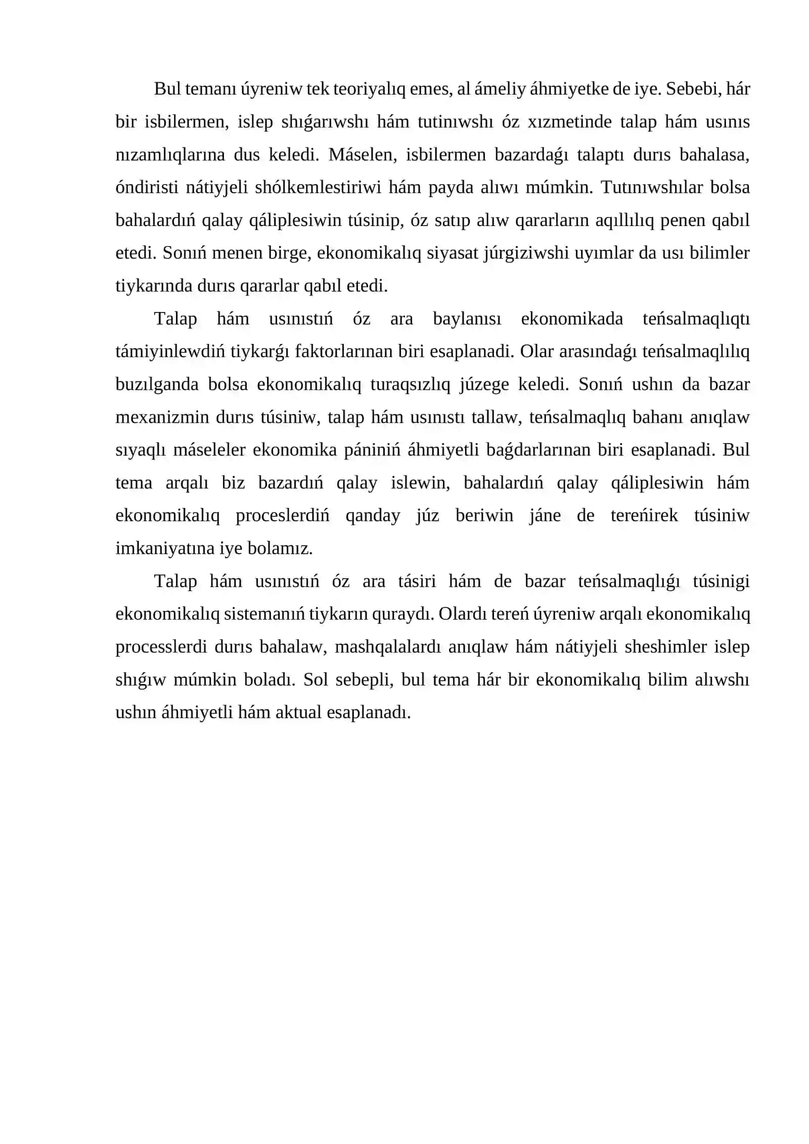 Talap hám usınıstıń óz ara baylanıslılıǵı. Bazar teńsalmaqlılıǵı hám oniń túrleri 4