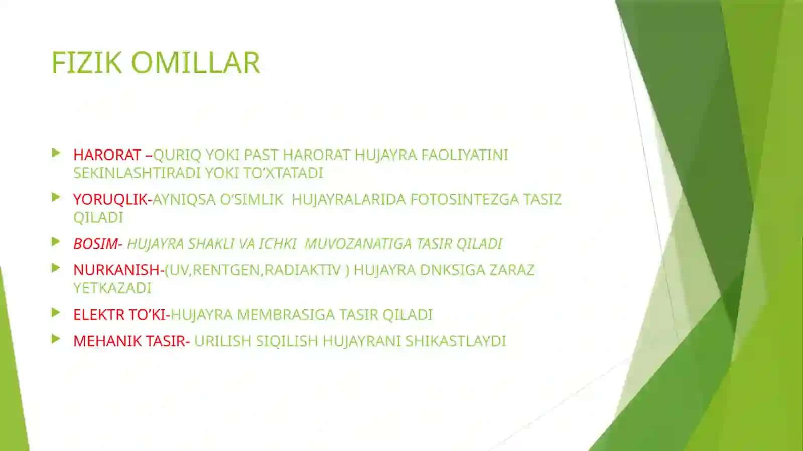 TIRIK ORGANIZM TOQIMA VA HUJAYRAGA FIZIK OMILLARINI TASIRI 4